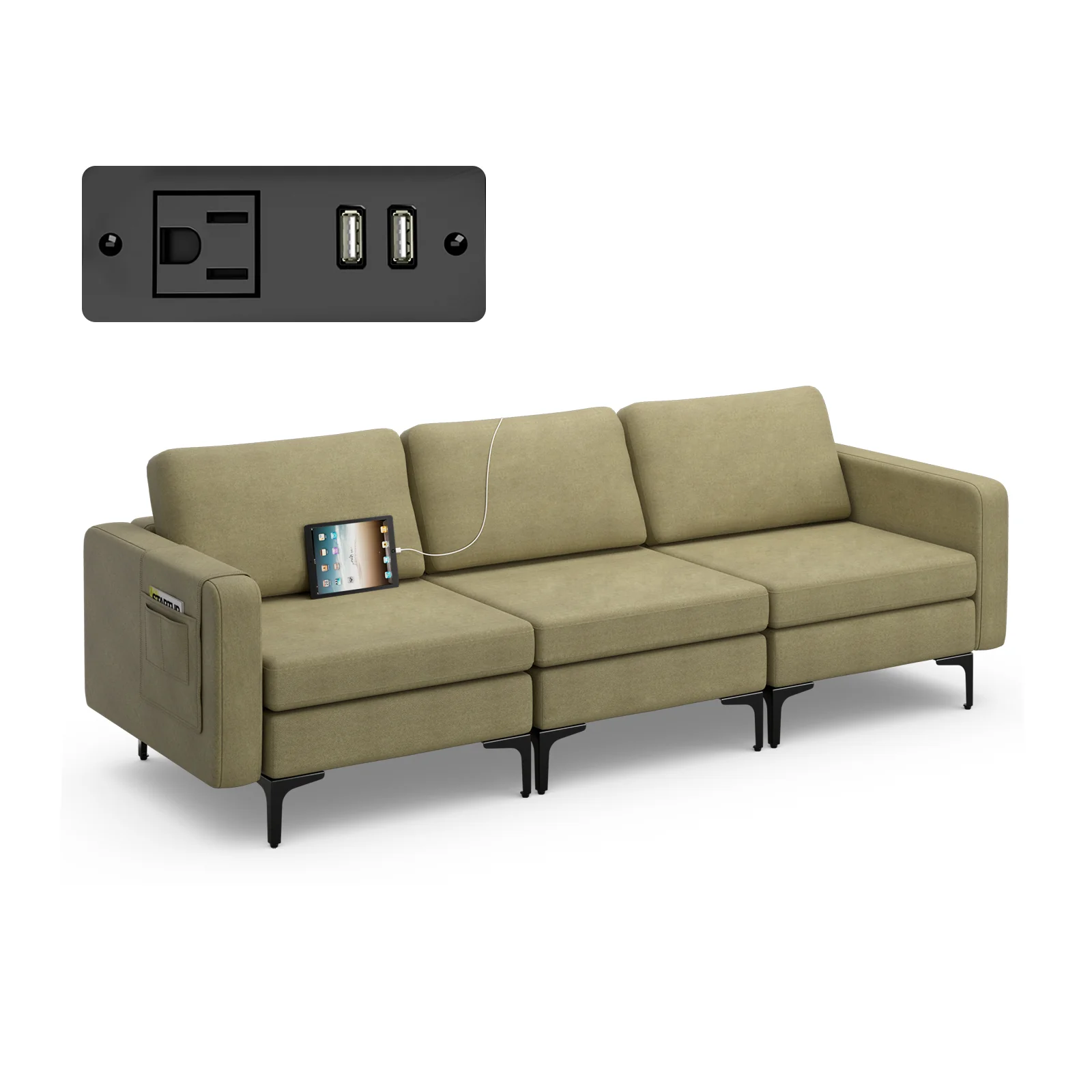 Convertible Leather Sofa Couch, 3-Seat, With USB Ports, Green