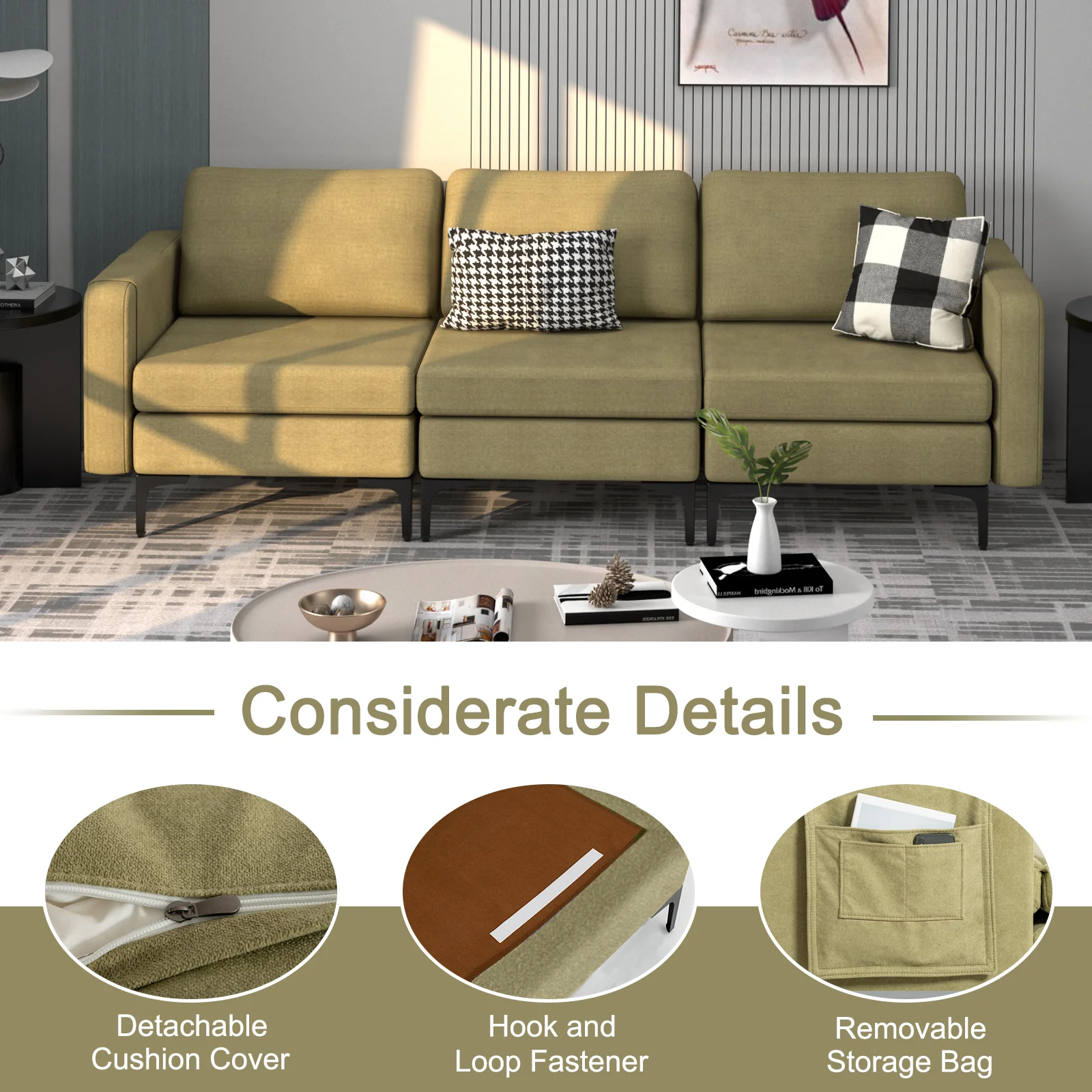 Convertible Leather Sofa Couch, 3-Seat, With USB Ports, Green - Image 4