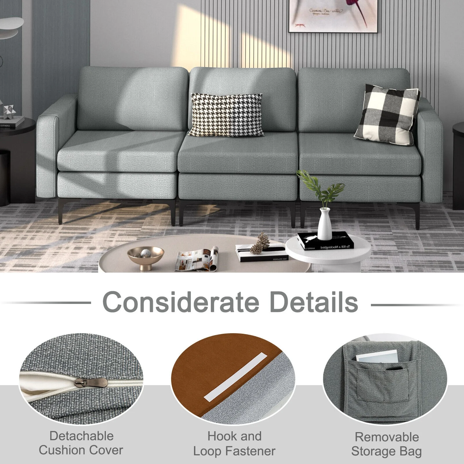 Convertible Leather Sofa Couch with Magazine Pockets 3-Seat with 2 USB Port, Dark Gray - Image 10