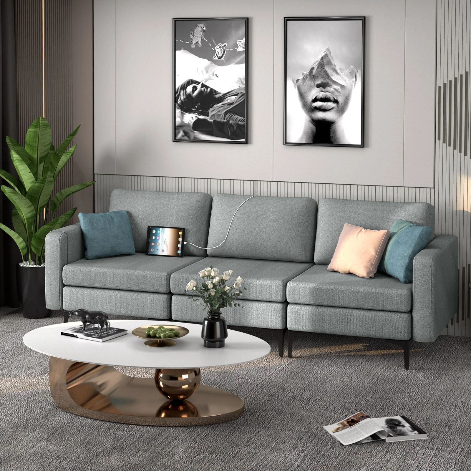 Convertible Leather Sofa Couch with Magazine Pockets 3-Seat with 2 USB Port, Dark Gray - Image 2