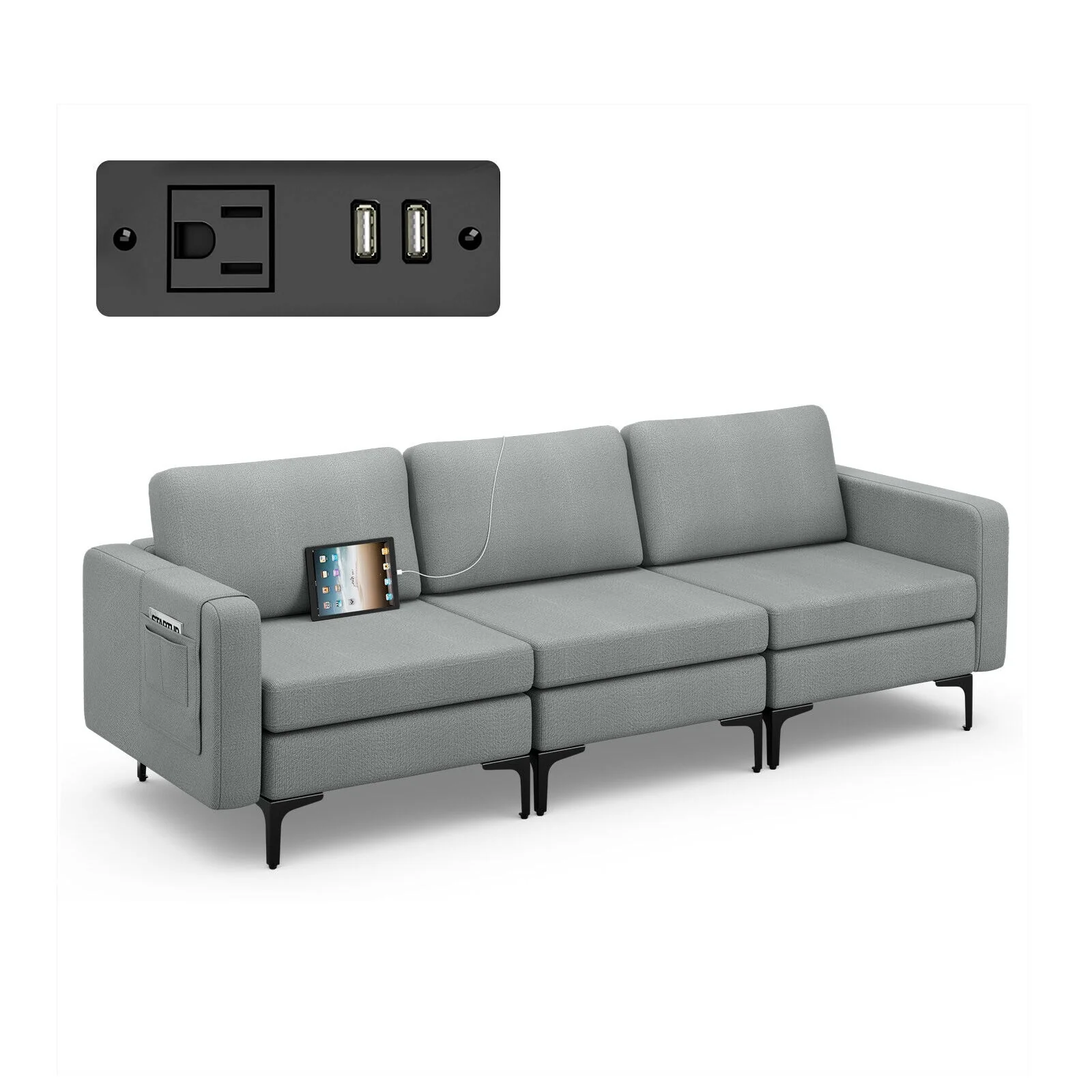 Convertible Leather Sofa Couch with Magazine Pockets 3-Seat with 2 USB Port, Dark Gray - Image 4