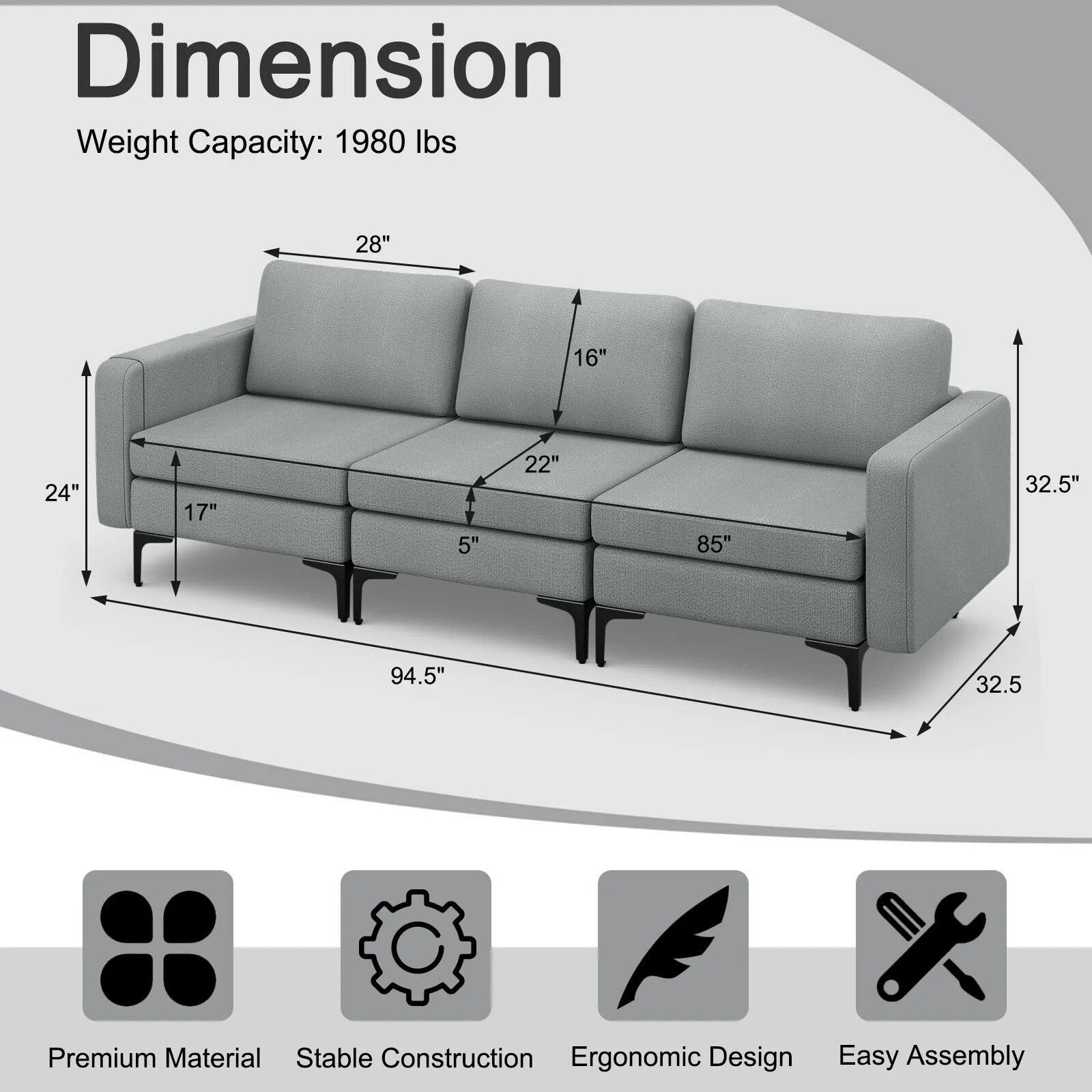 Convertible Leather Sofa Couch with Magazine Pockets 3-Seat with 2 USB Port, Dark Gray - Image 6