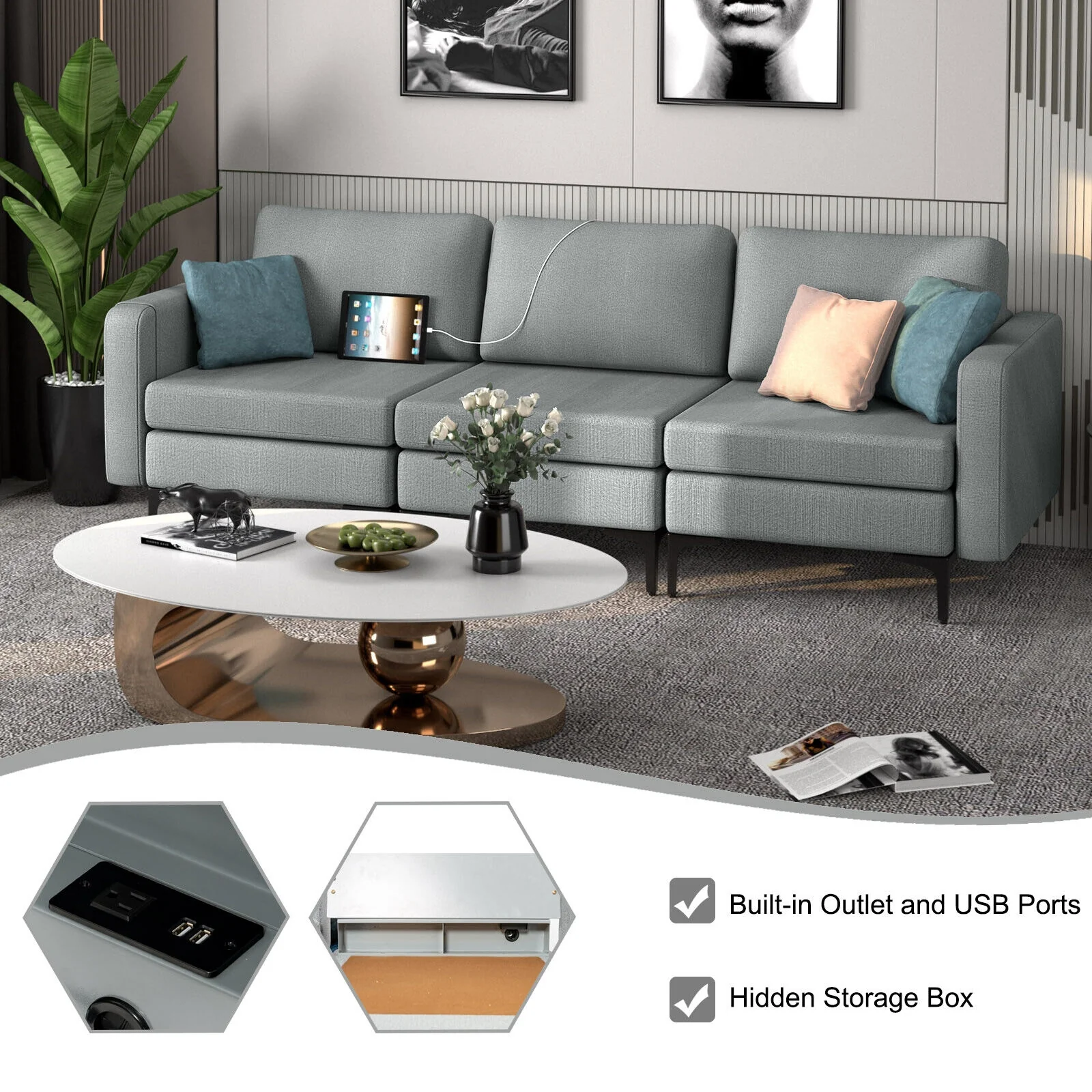 Convertible Leather Sofa Couch with Magazine Pockets 3-Seat with 2 USB Port, Dark Gray - Image 7