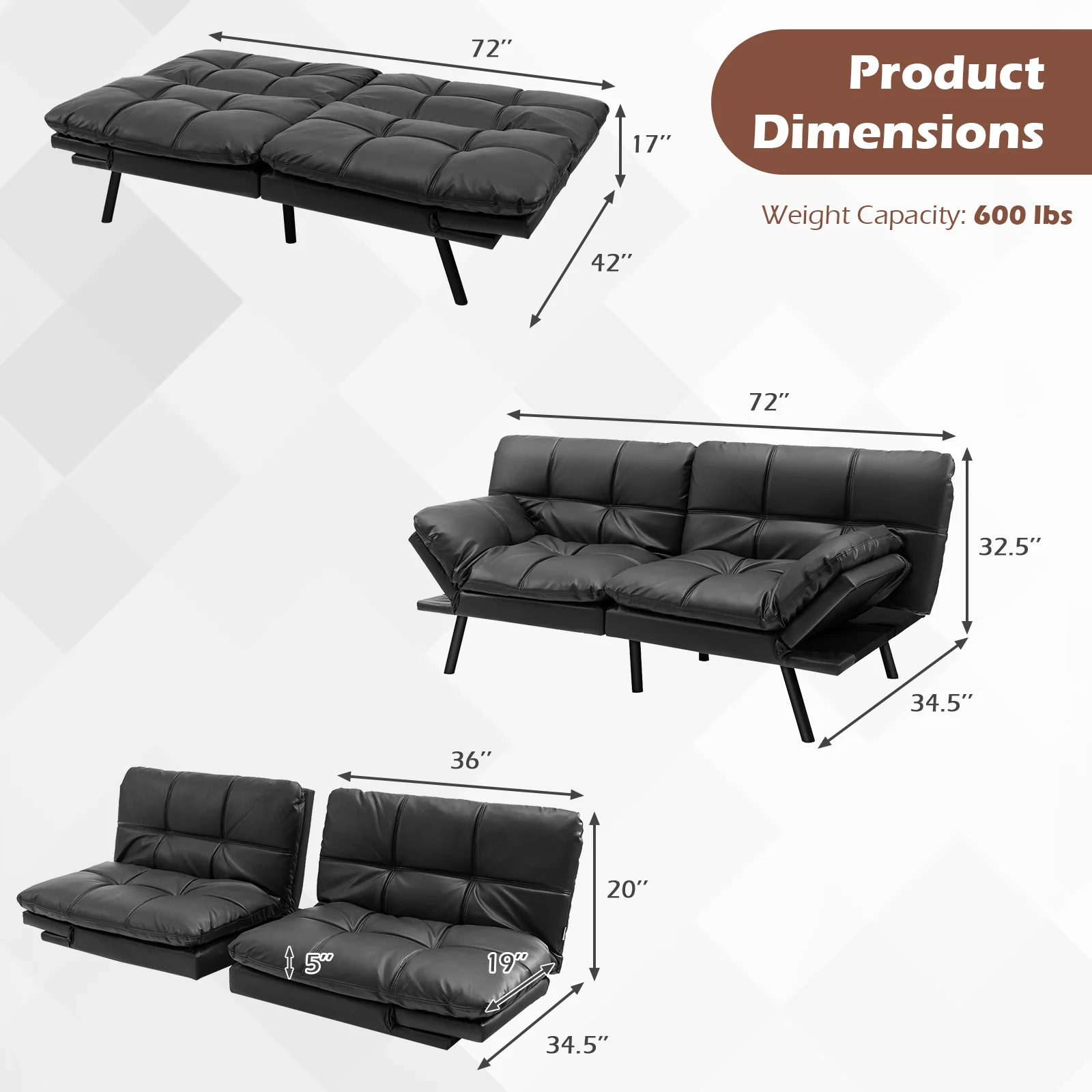 Convertible Memory Foam Futon Sofa Bed, Adjustable Armrest, Black