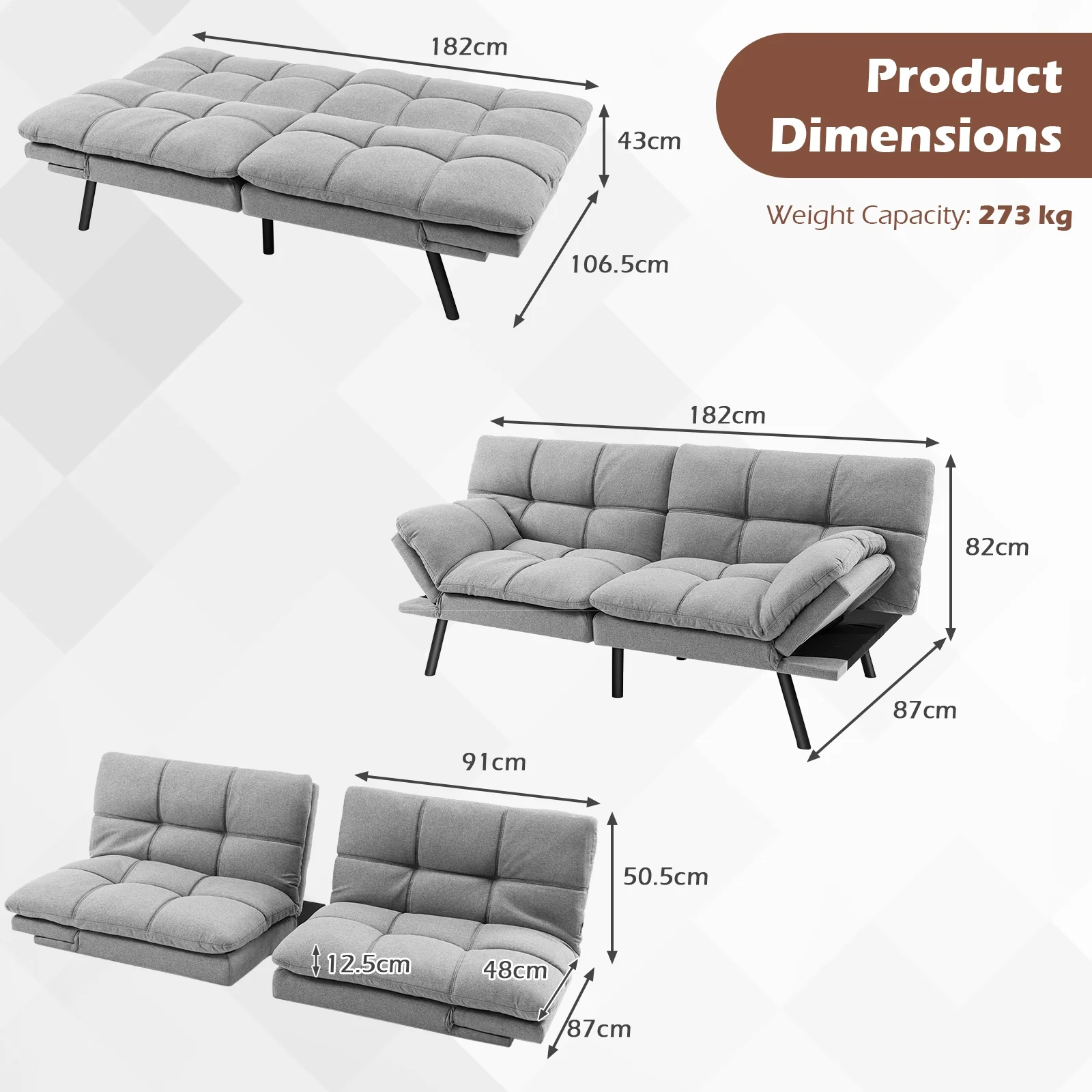 Convertible Memory Foam Futon Sofa Bed, Adjustable Armrest, Gray