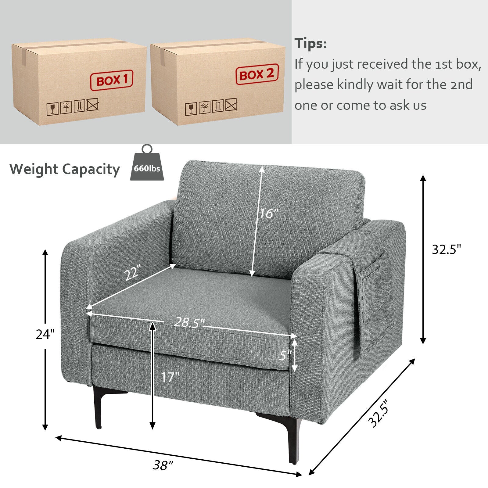 Convertible Sectional Sofa, 1-Seat, With Reversible Ottoman, Gray - Image 5
