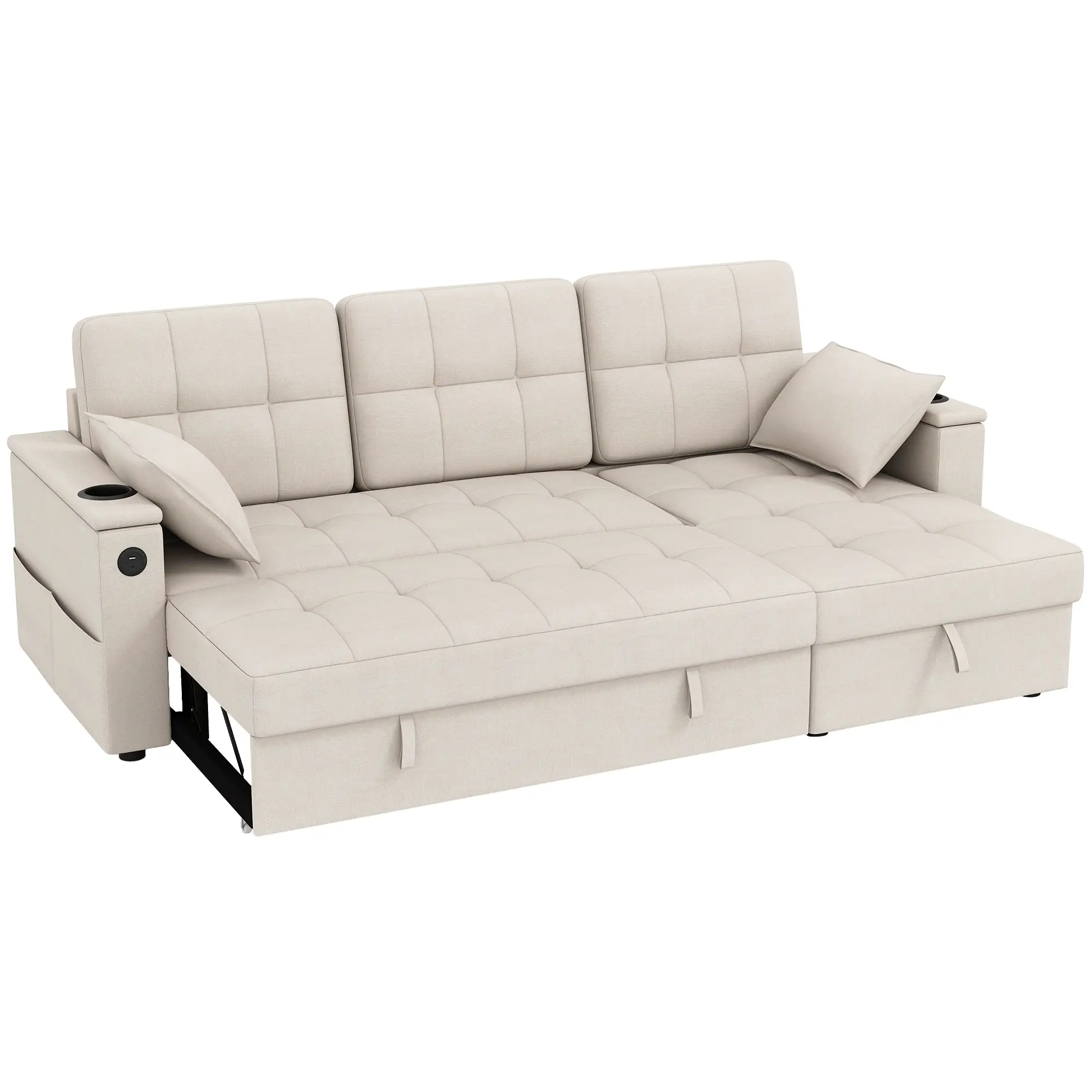 Convertible Sectional Sofa Bed, Pull Out Sleeper With USB‑A+C, Chaise Storage, L-Shaped Futon, Beige