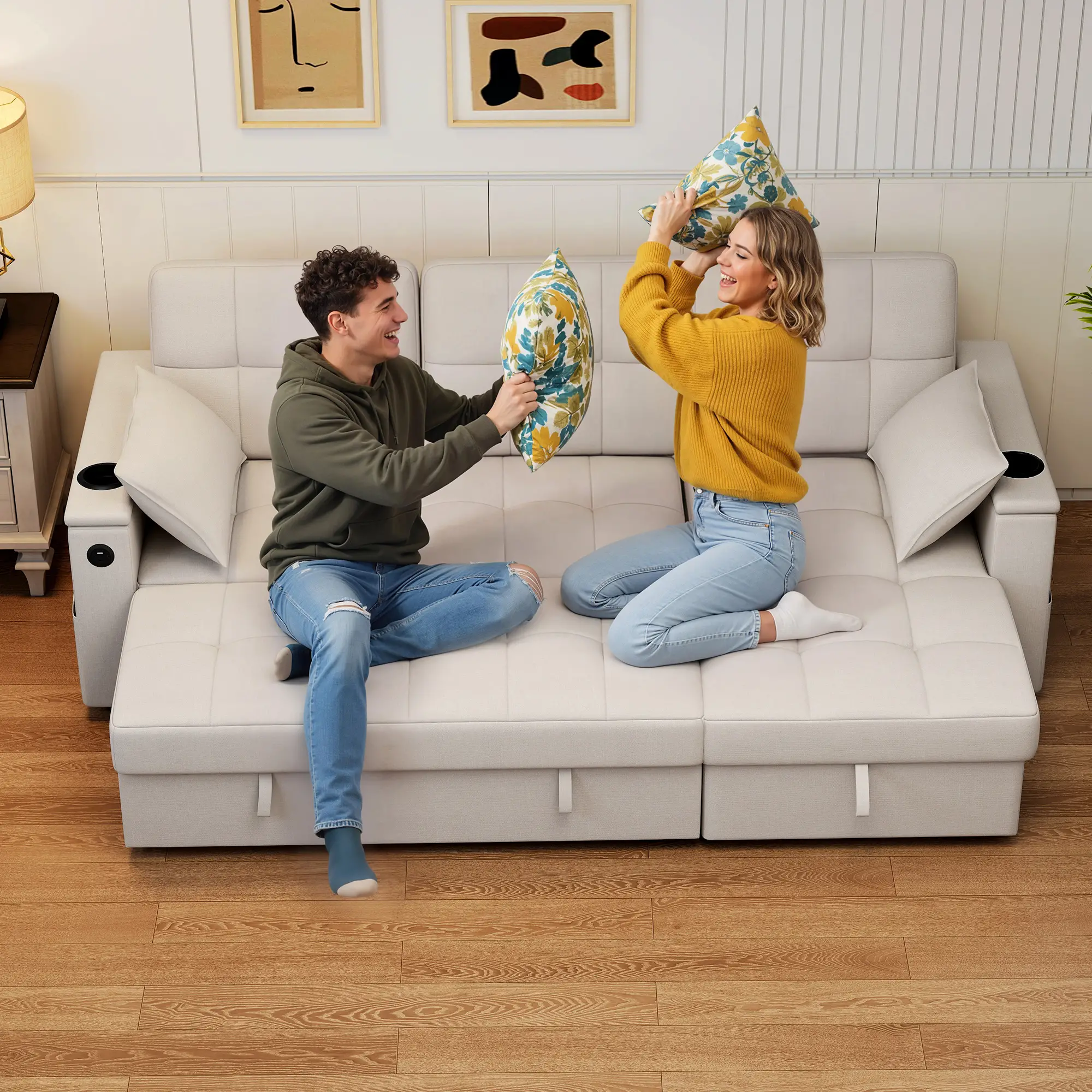 Convertible Sectional Sofa Bed, Pull Out Sleeper With USB‑A+C, Chaise Storage, L-Shaped Futon, Beige - Image 10
