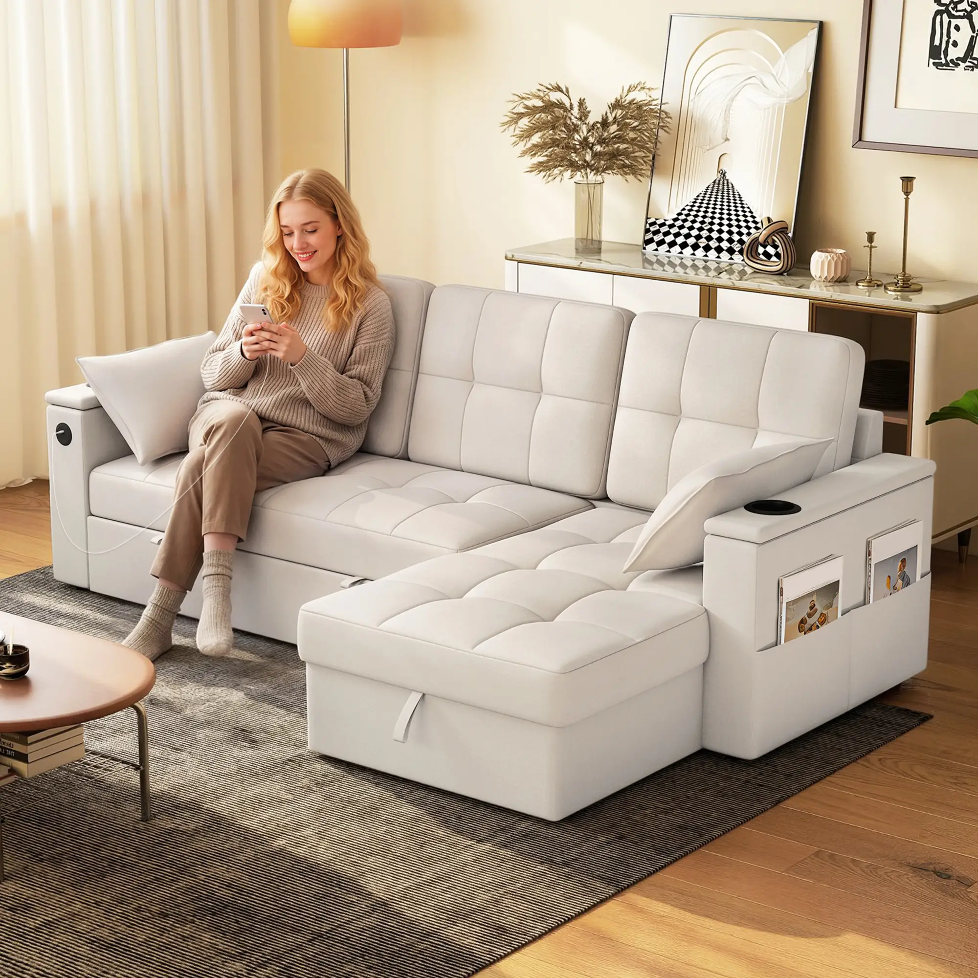 Convertible Sectional Sofa Bed, Pull Out Sleeper With USB‑A+C, Chaise Storage, L-Shaped Futon, Beige - Image 2