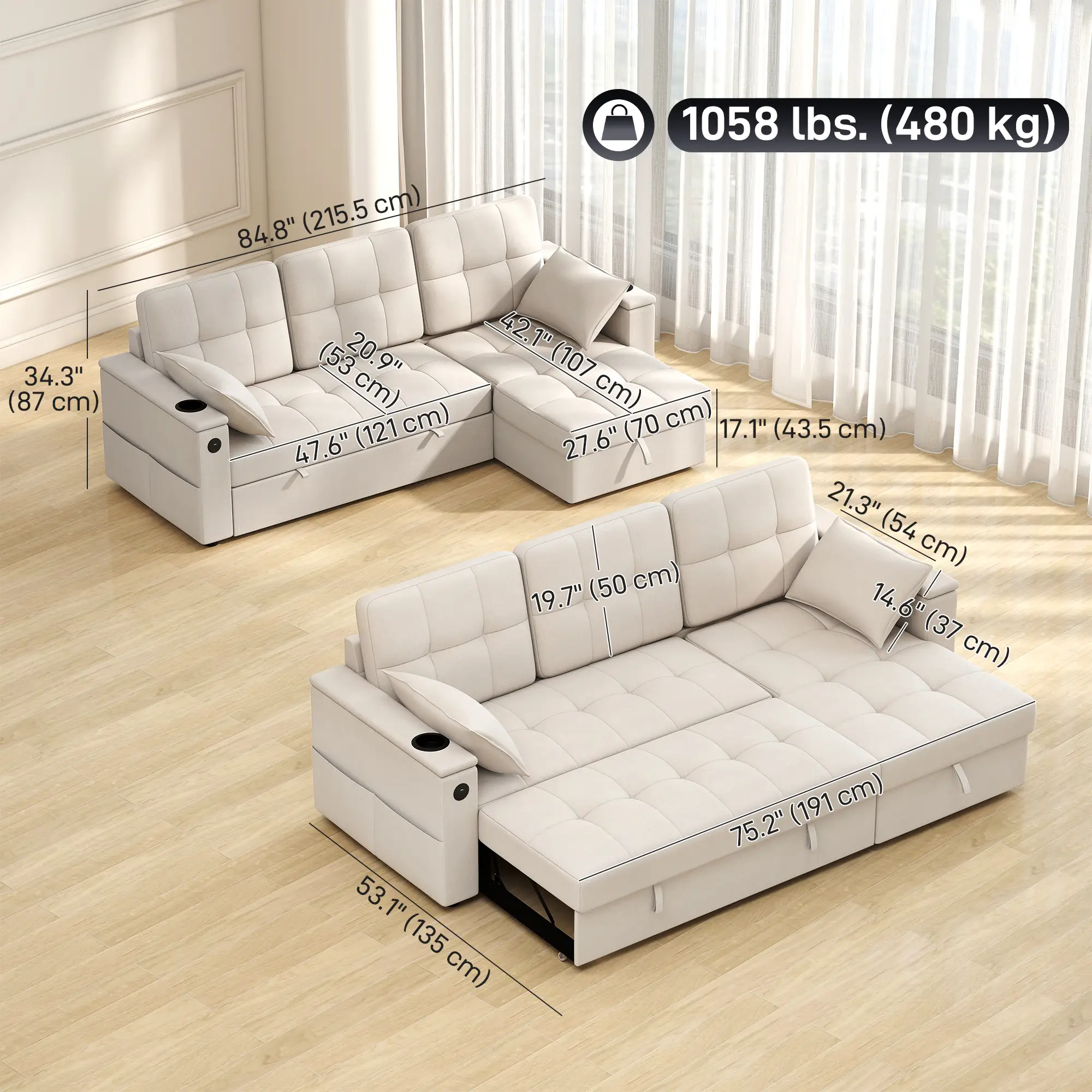 Convertible Sectional Sofa Bed, Pull Out Sleeper With USB‑A+C, Chaise Storage, L-Shaped Futon, Beige - Image 3