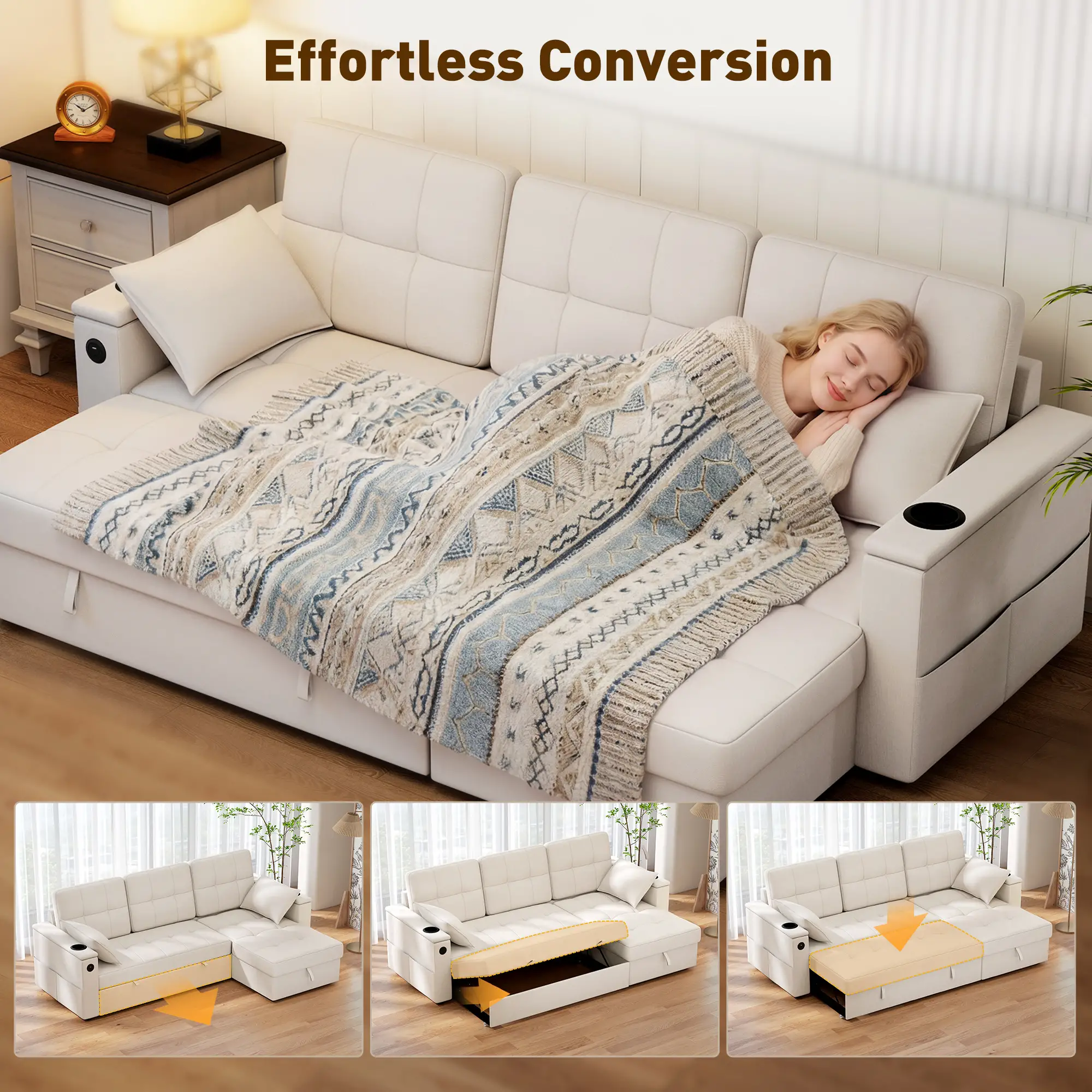 Convertible Sectional Sofa Bed, Pull Out Sleeper With USB‑A+C, Chaise Storage, L-Shaped Futon, Beige - Image 4