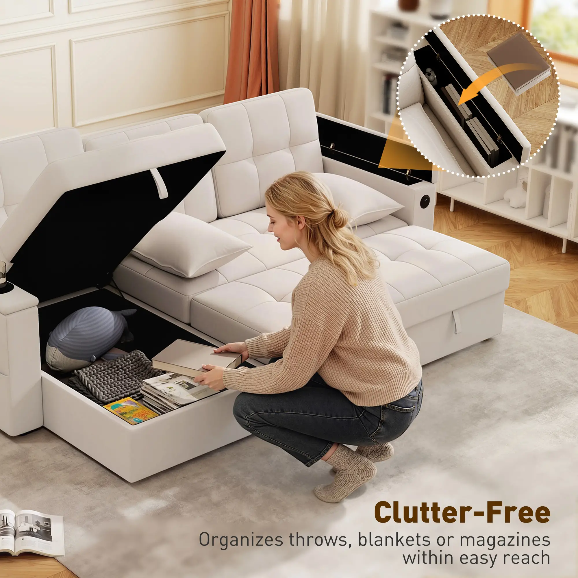 Convertible Sectional Sofa Bed, Pull Out Sleeper With USB‑A+C, Chaise Storage, L-Shaped Futon, Beige - Image 5