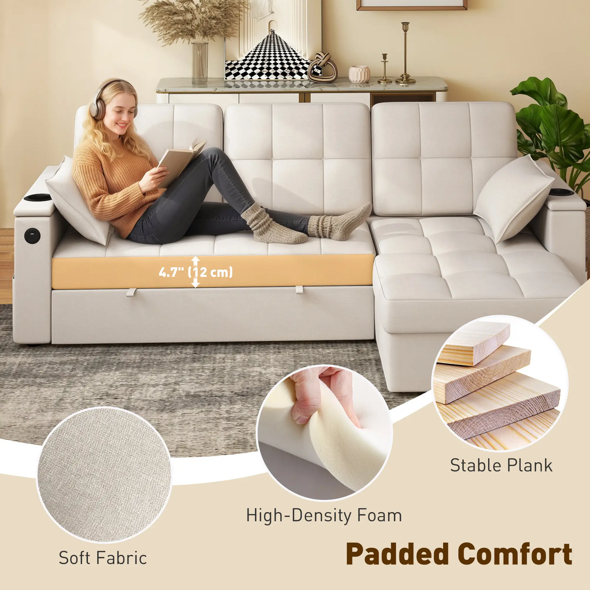 Convertible Sectional Sofa Bed, Pull Out Sleeper With USB‑A+C, Chaise Storage, L-Shaped Futon, Beige - Image 7