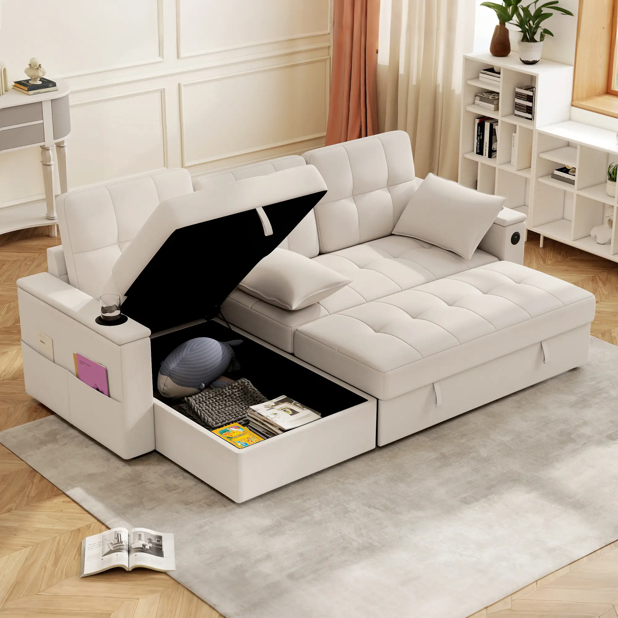 Convertible Sectional Sofa Bed, Pull Out Sleeper With USB‑A+C, Chaise Storage, L-Shaped Futon, Beige - Image 8