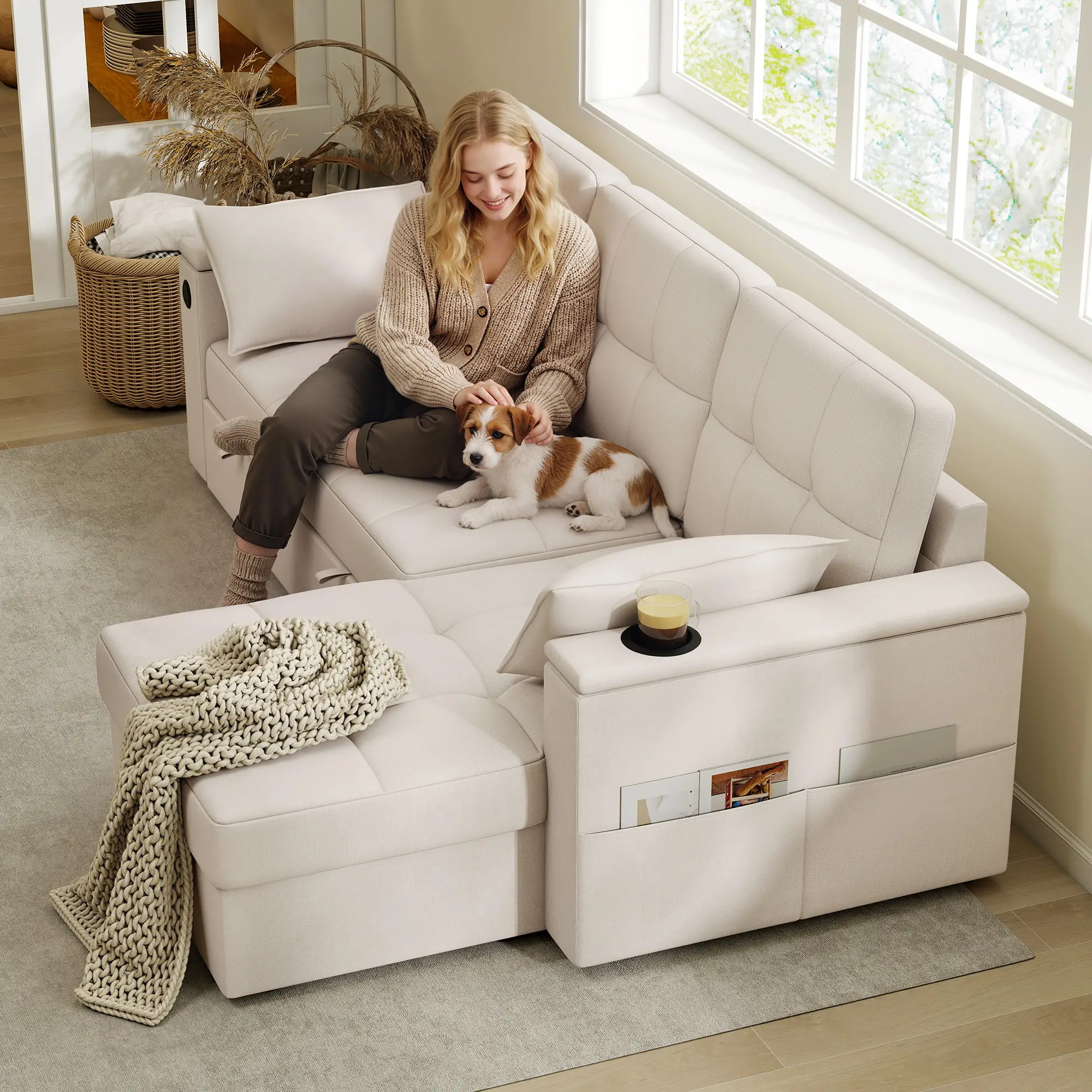 Convertible Sectional Sofa Bed, Pull Out Sleeper With USB‑A+C, Chaise Storage, L-Shaped Futon, Beige - Image 9