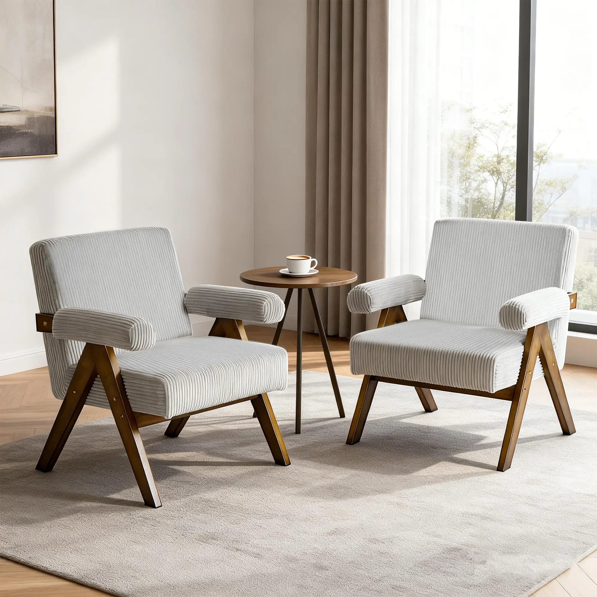 Corduroy Accent Chair Armchair with Wide Seat and Soft Padded Armrests for Reading, Bedroom, Light Grey - Image 7