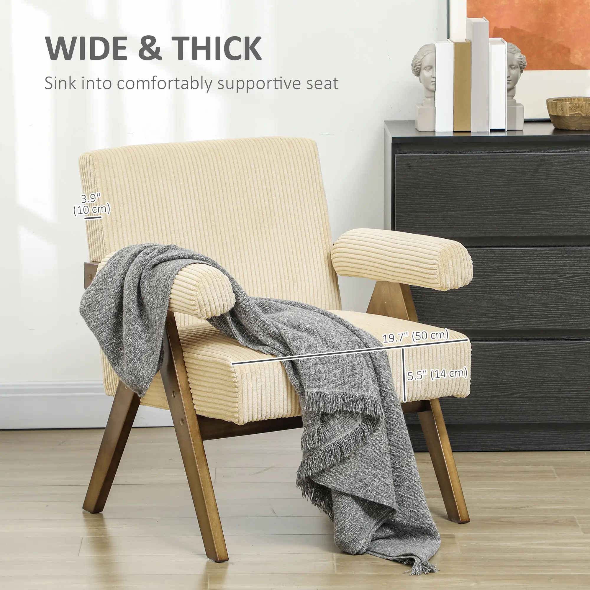 Corduroy Accent Chair, Wide Seat, Soft Padded Armrests, Beige - Image 4