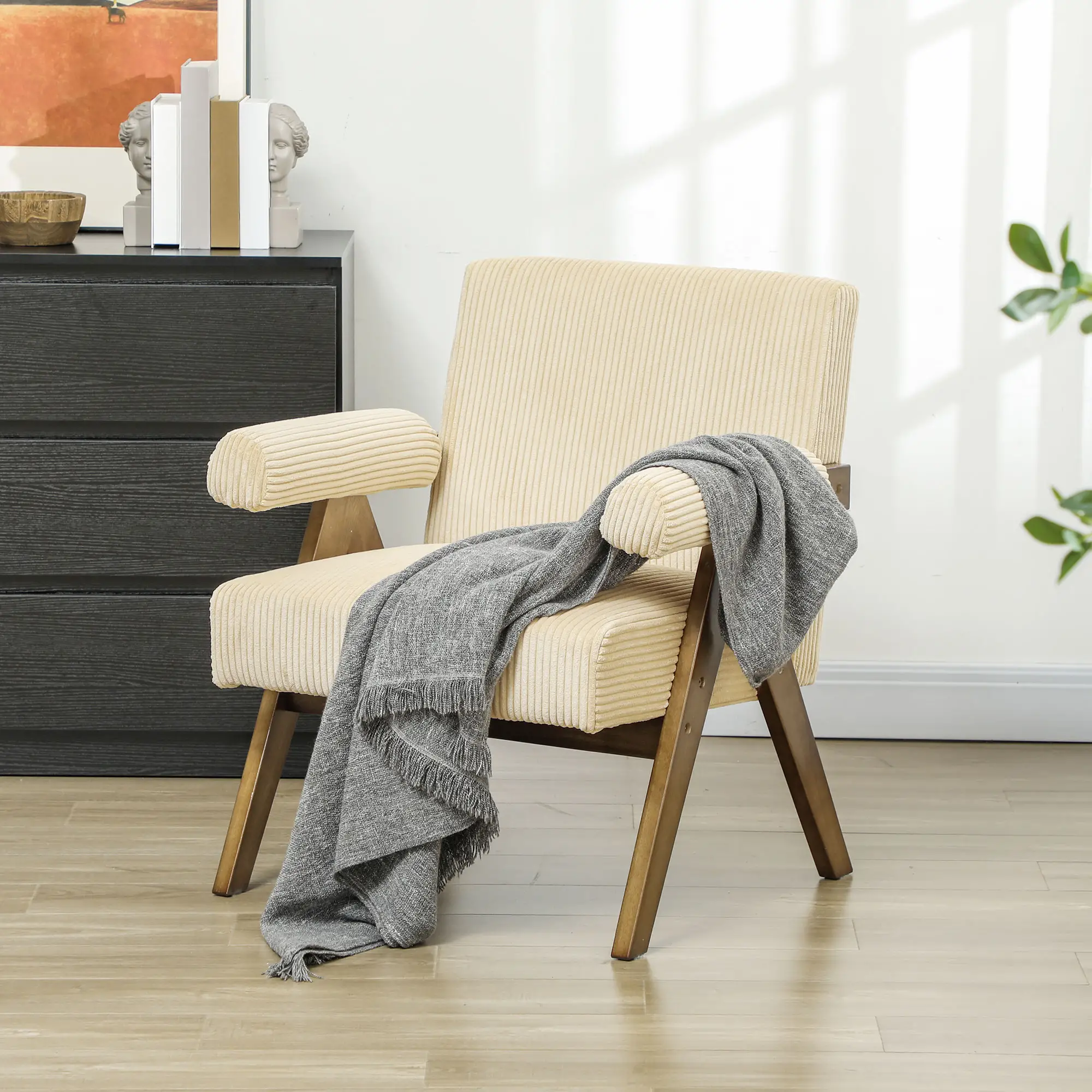 Corduroy Accent Chair, Wide Seat, Soft Padded Armrests, Beige - Image 8