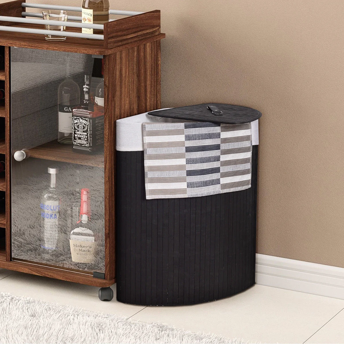 Corner Bamboo Hamper, Laundry Basket With Lid And Removable Liner, Black - Image 3