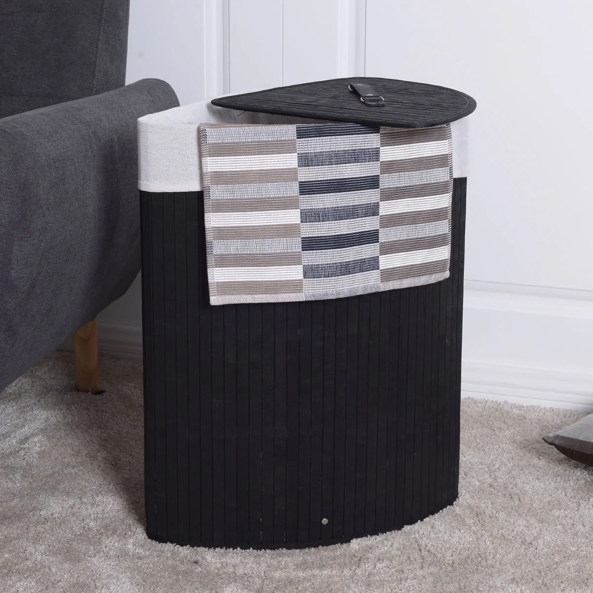 Corner Bamboo Hamper, Laundry Basket With Lid And Removable Liner, Black - Image 7