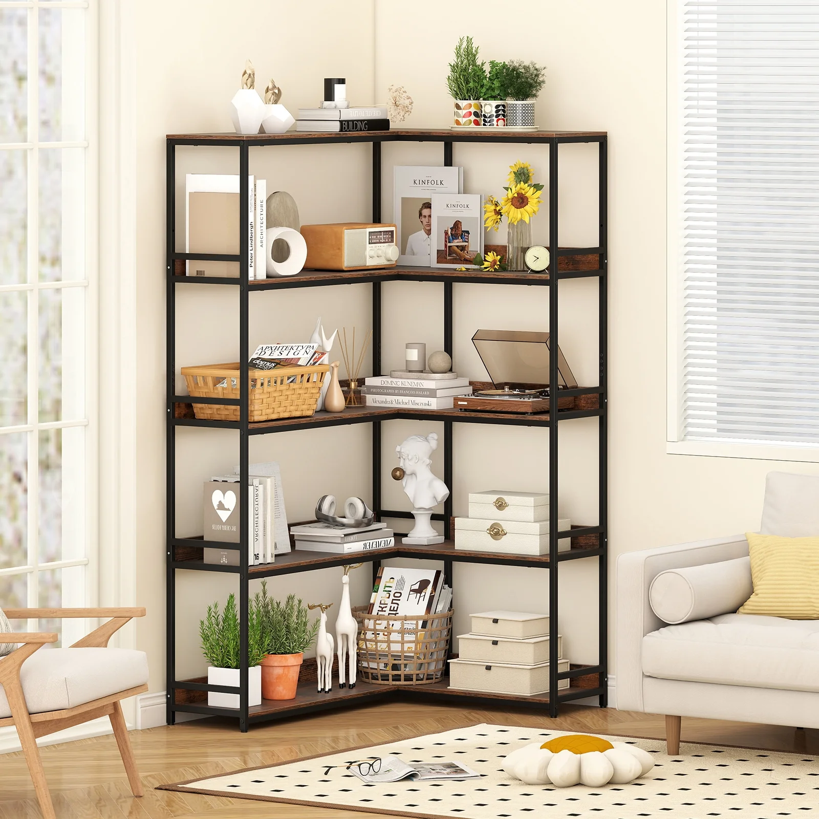 Corner Bookshelf, 5-Tier L-Shaped Bookcase, Rustic Brown - Image 2