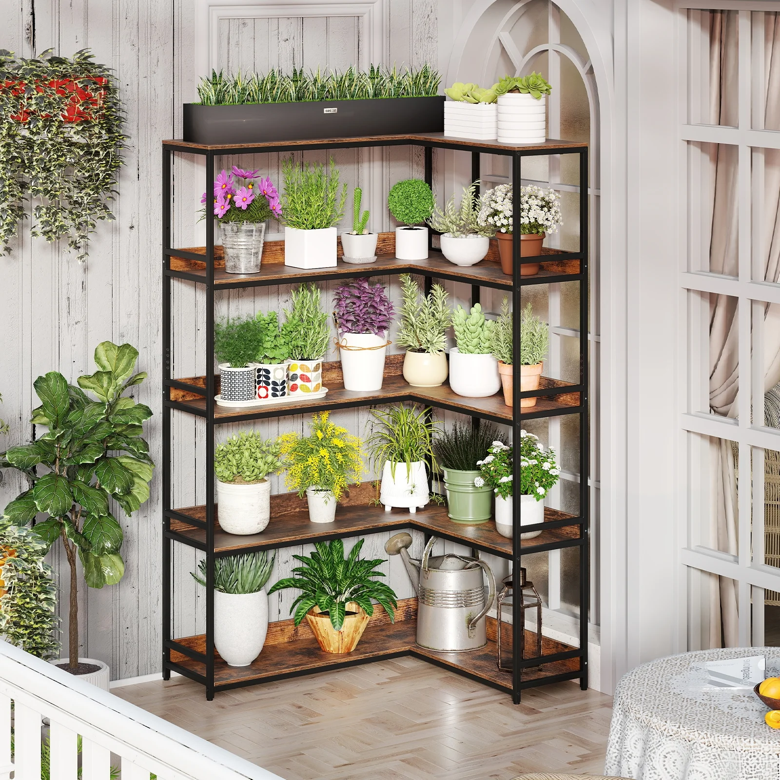 Corner Bookshelf, 5-Tier L-Shaped Bookcase, Rustic Brown - Image 3