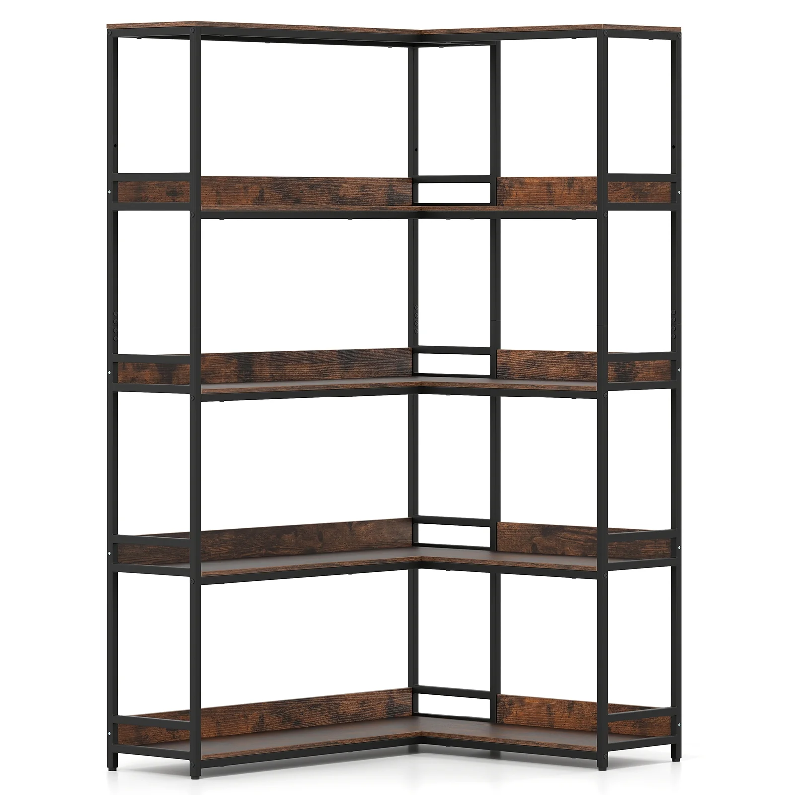 Corner Bookshelf, 5-Tier L-Shaped Bookcase, Rustic Brown - Image 4