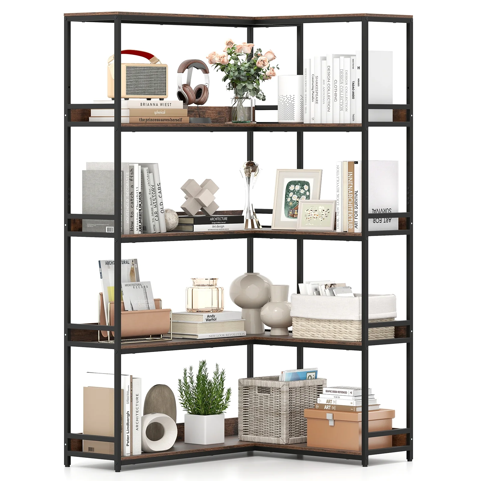Corner Bookshelf, 5-Tier L-Shaped Bookcase, Rustic Brown - Image 5