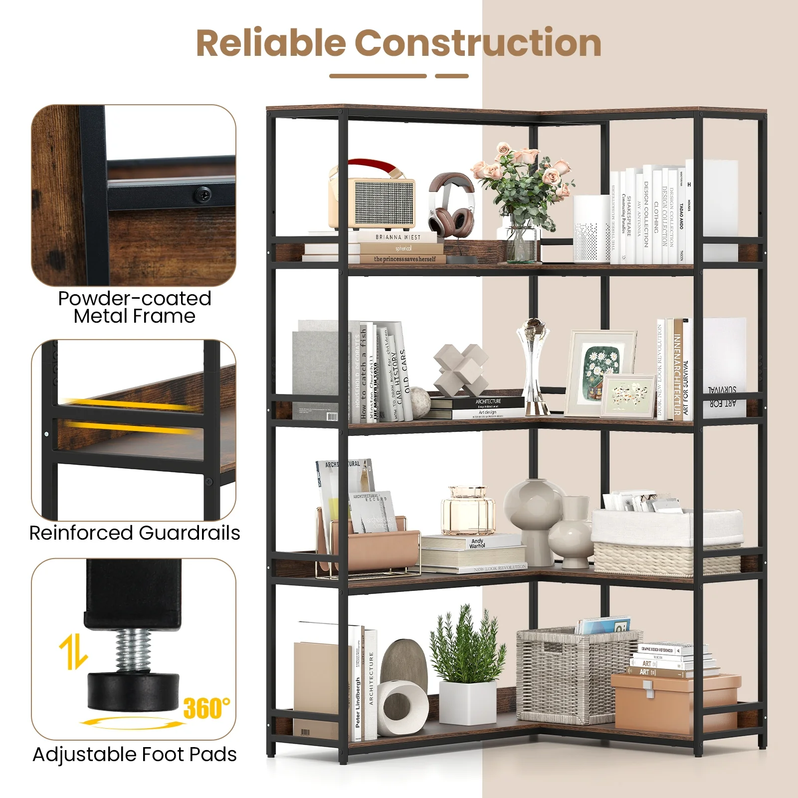 Corner Bookshelf, 5-Tier L-Shaped Bookcase, Rustic Brown - Image 9