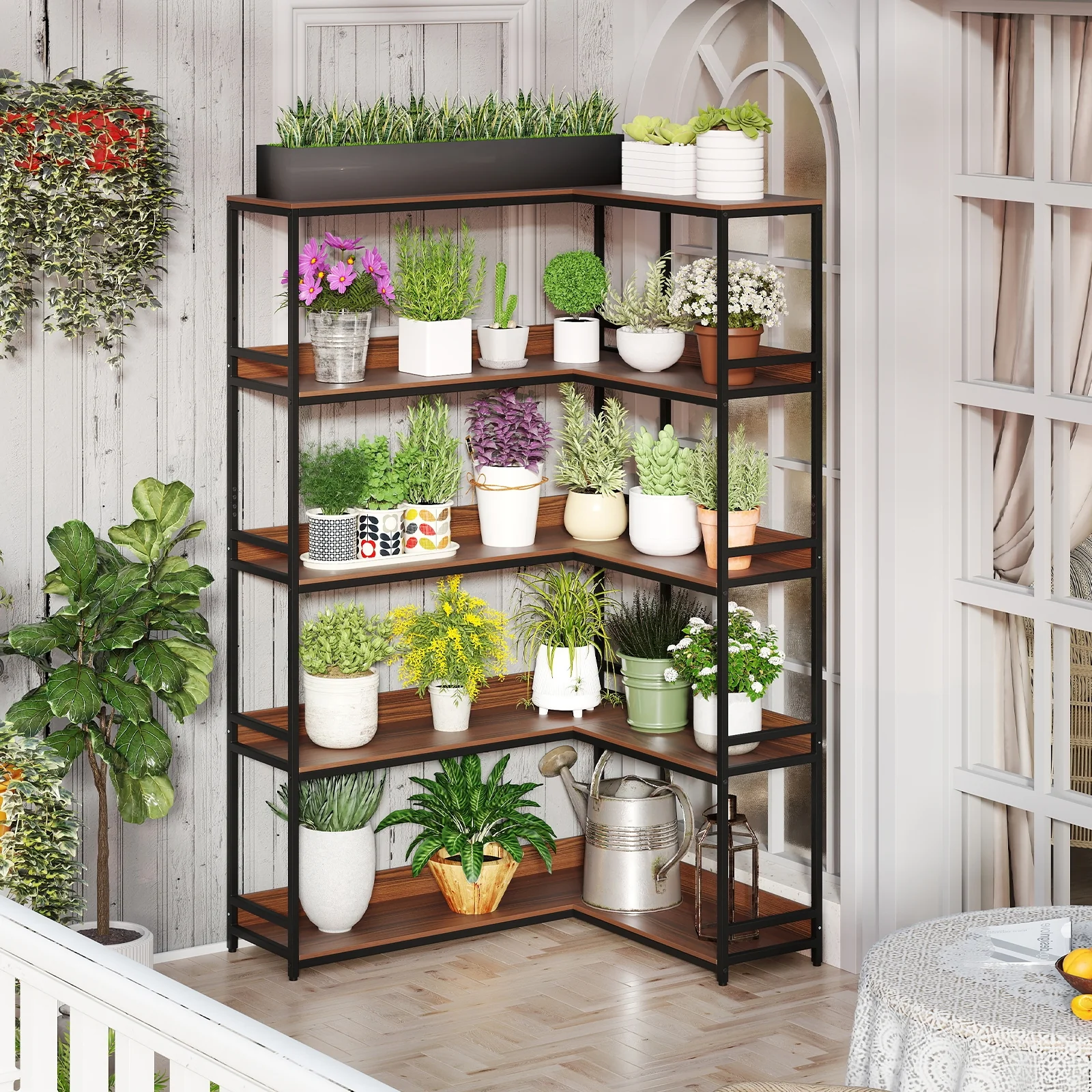 Corner Bookshelf, 5-Tier L-Shaped Bookcase, Walnut Metal Frame - Image 3