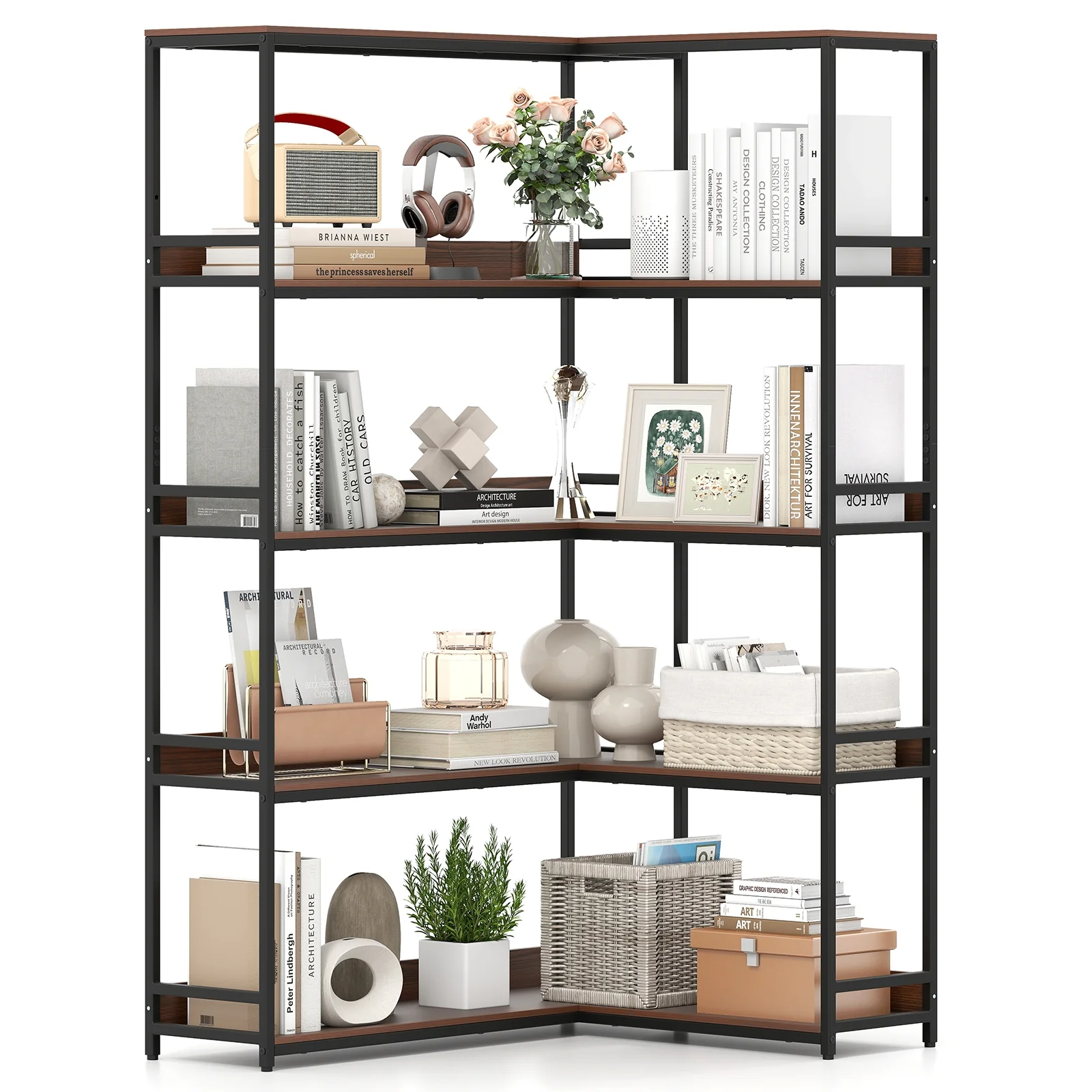 Corner Bookshelf, 5-Tier L-Shaped Bookcase, Walnut Metal Frame - Image 5
