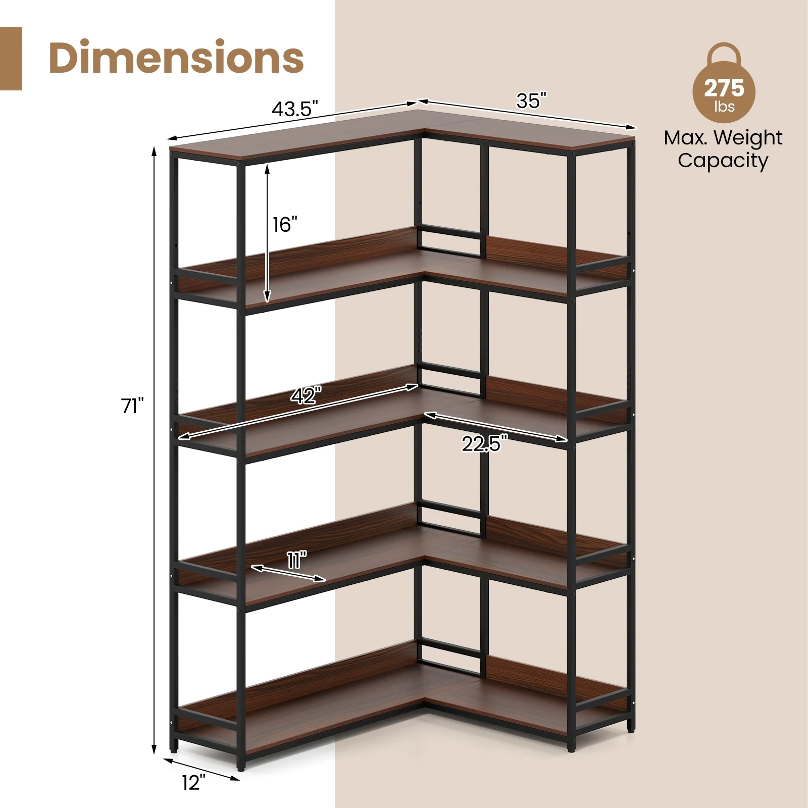 Corner Bookshelf, 5-Tier L-Shaped Bookcase, Walnut Metal Frame - Image 6