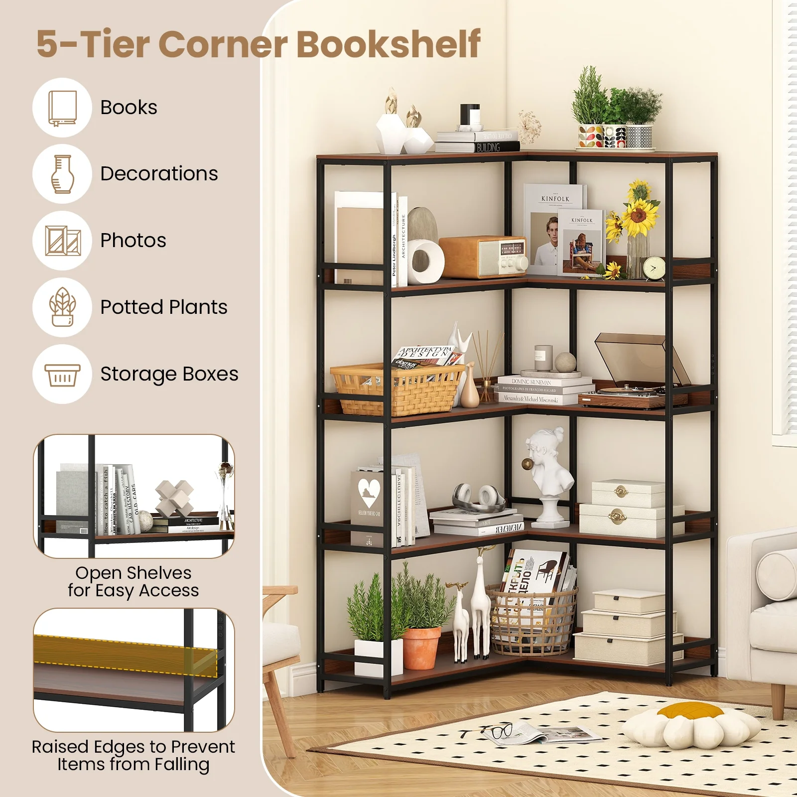 Corner Bookshelf, 5-Tier L-Shaped Bookcase, Walnut Metal Frame - Image 7
