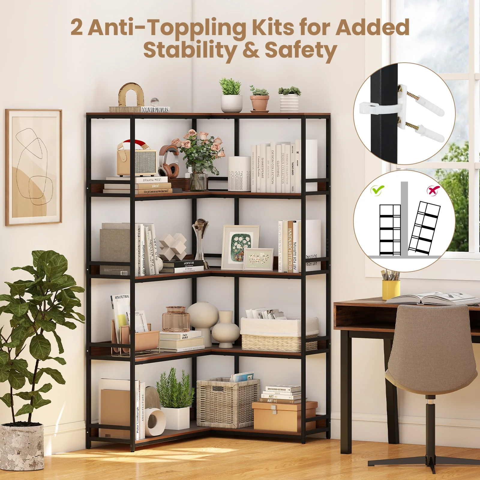 Corner Bookshelf, 5-Tier L-Shaped Bookcase, Walnut Metal Frame - Image 8