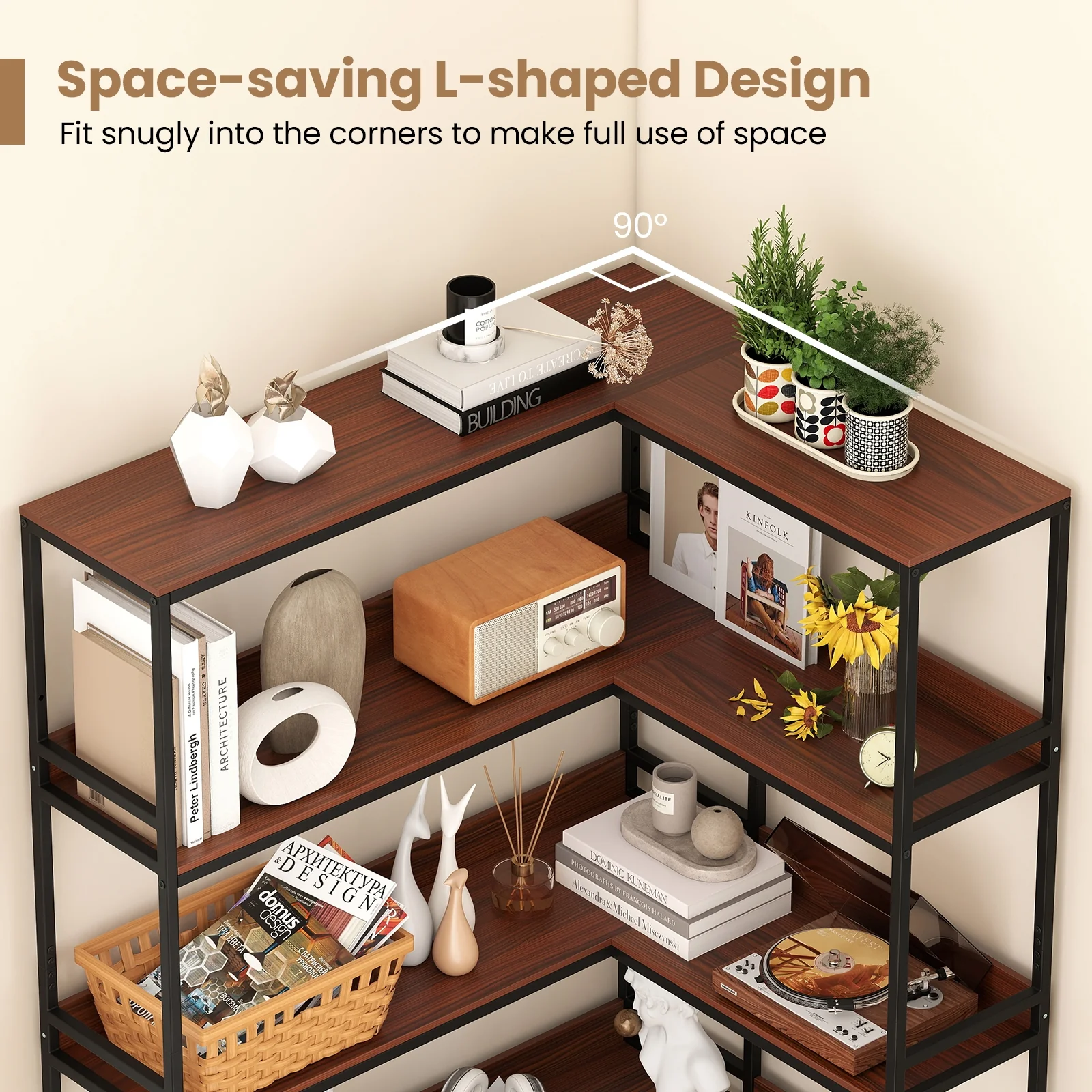 Corner Bookshelf, 5-Tier L-Shaped Bookcase, Walnut Metal Frame - Image 9