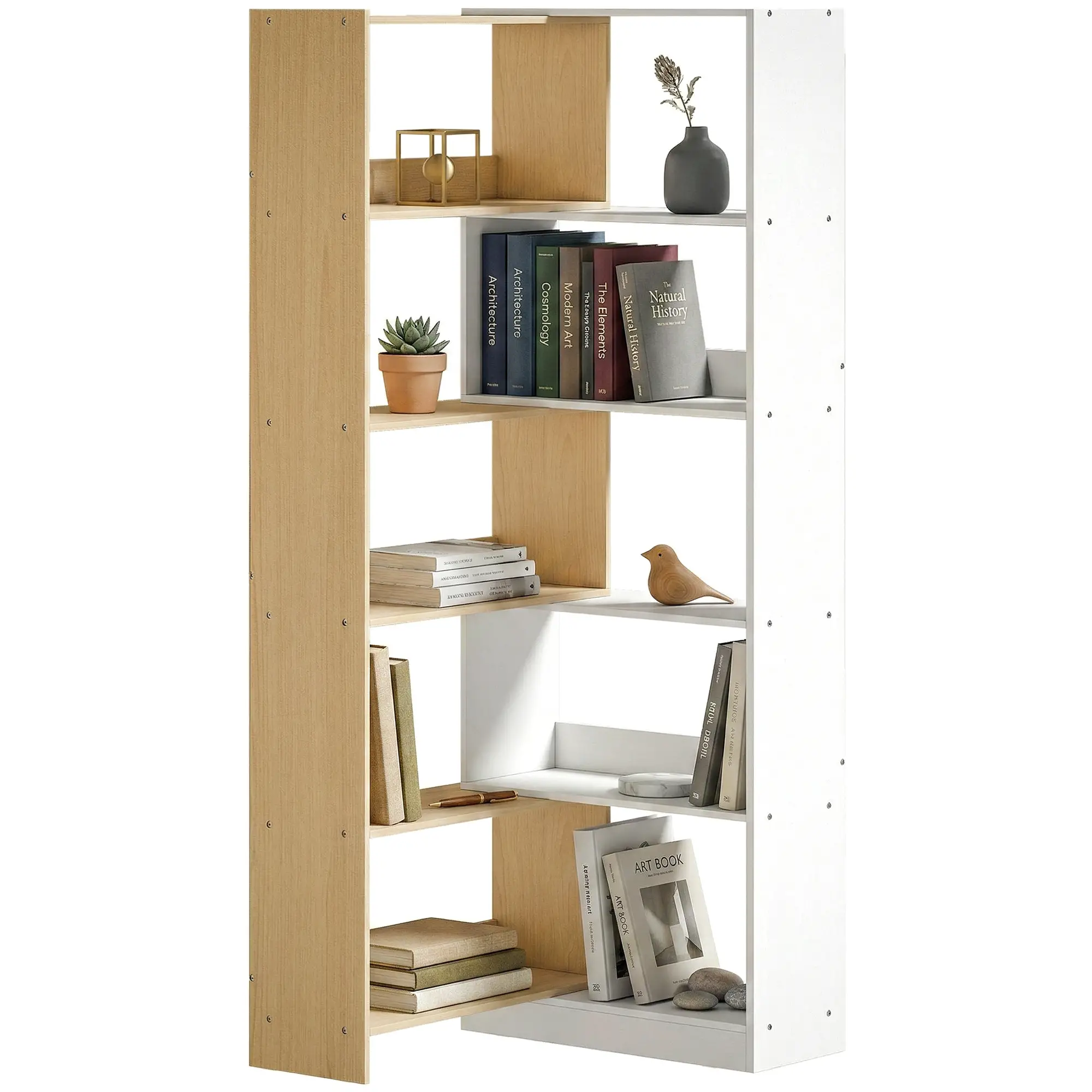 Corner Bookshelf, 5-Tier L-Shaped Bookcase with 350° Rotating Design, Two-Tone Design, Fruitwood/White