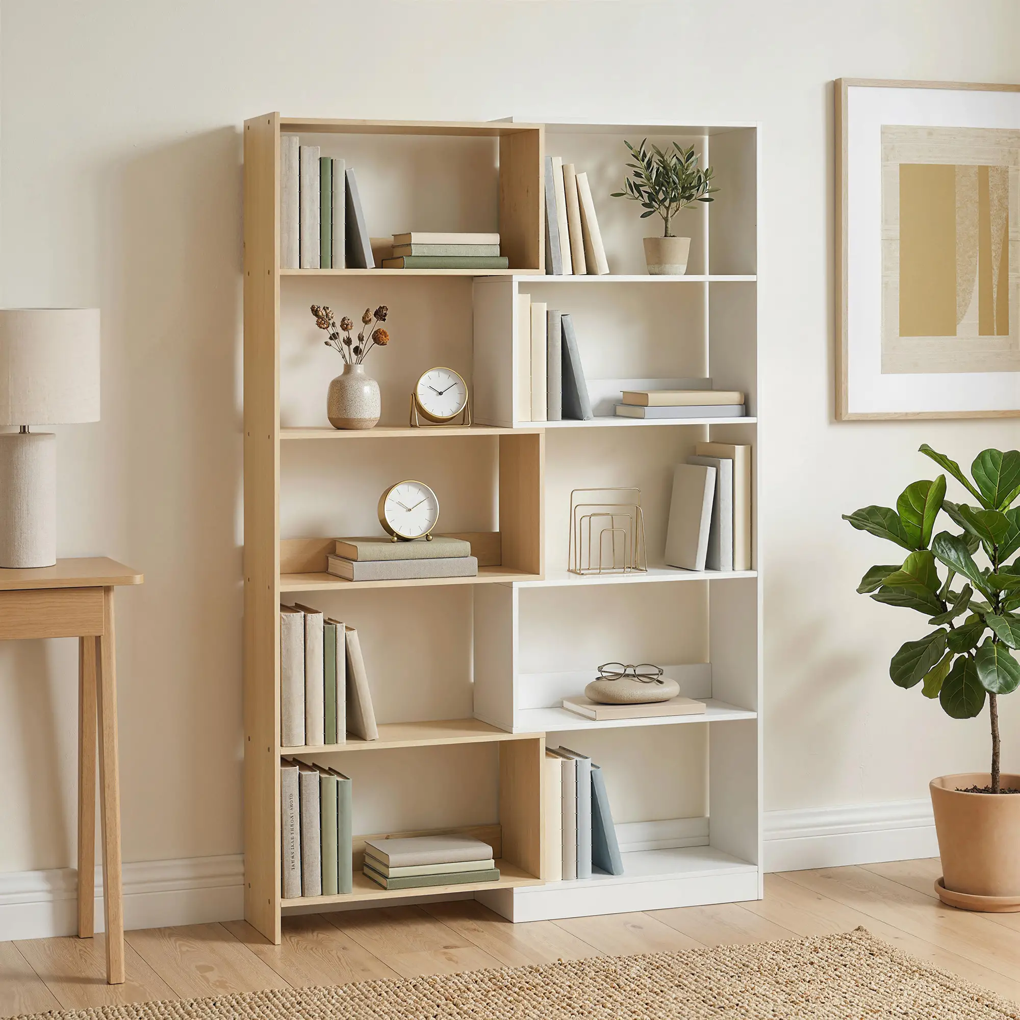Corner Bookshelf, 5-Tier L-Shaped Bookcase with 350° Rotating Design, Two-Tone Design, Fruitwood/White - Image 10