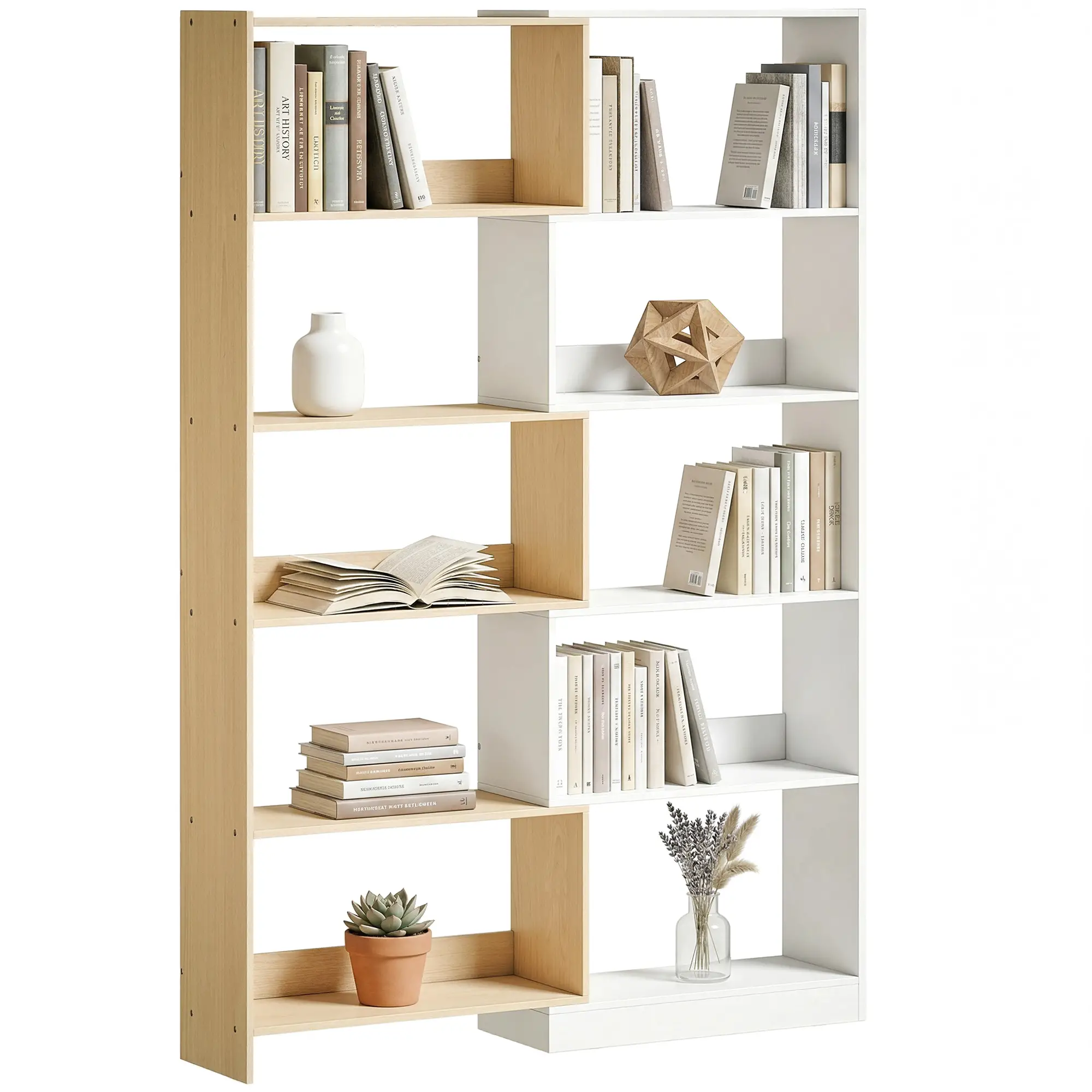 Corner Bookshelf, 5-Tier L-Shaped Bookcase with 350° Rotating Design, Two-Tone Design, Fruitwood/White - Image 11