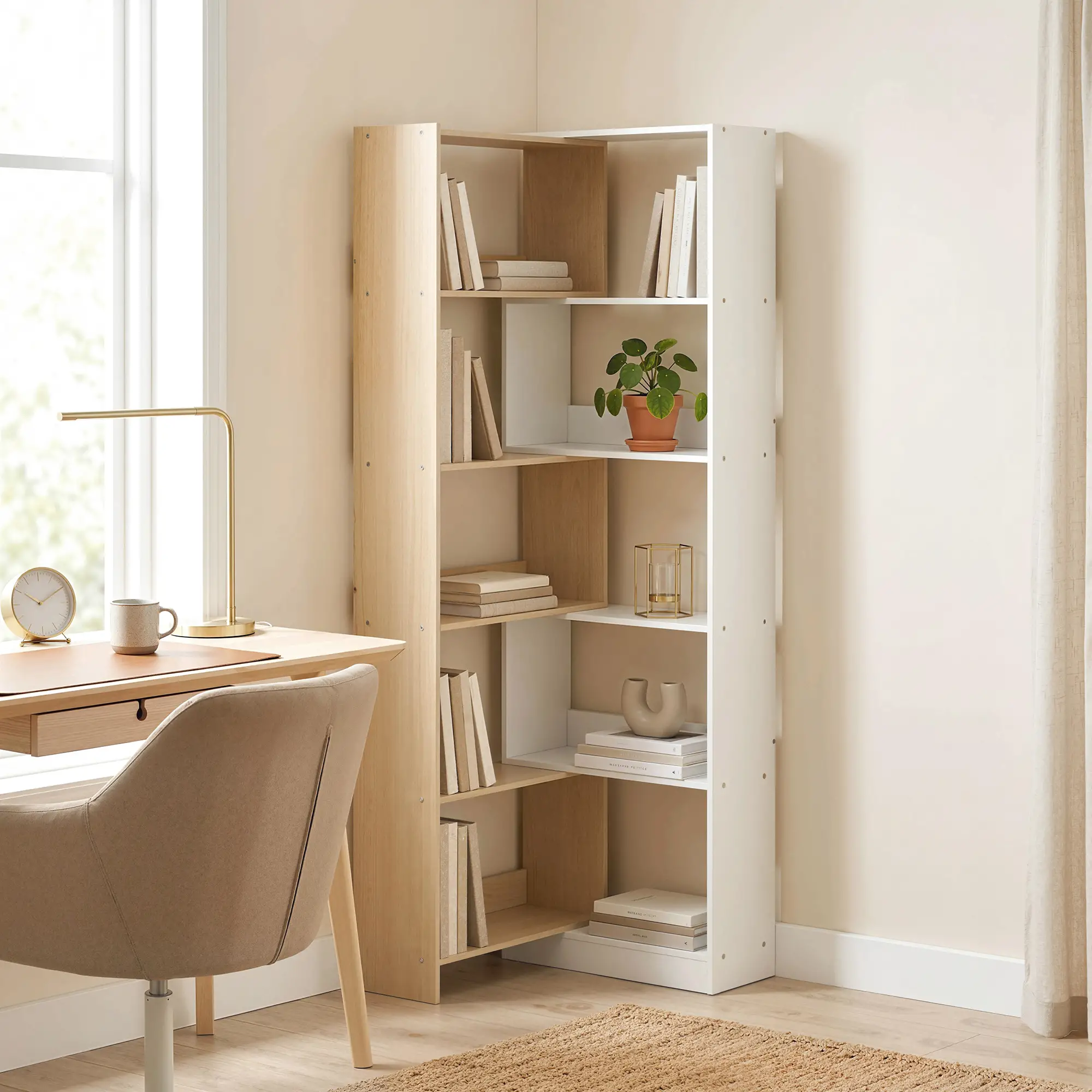 Corner Bookshelf, 5-Tier L-Shaped Bookcase with 350° Rotating Design, Two-Tone Design, Fruitwood/White - Image 8