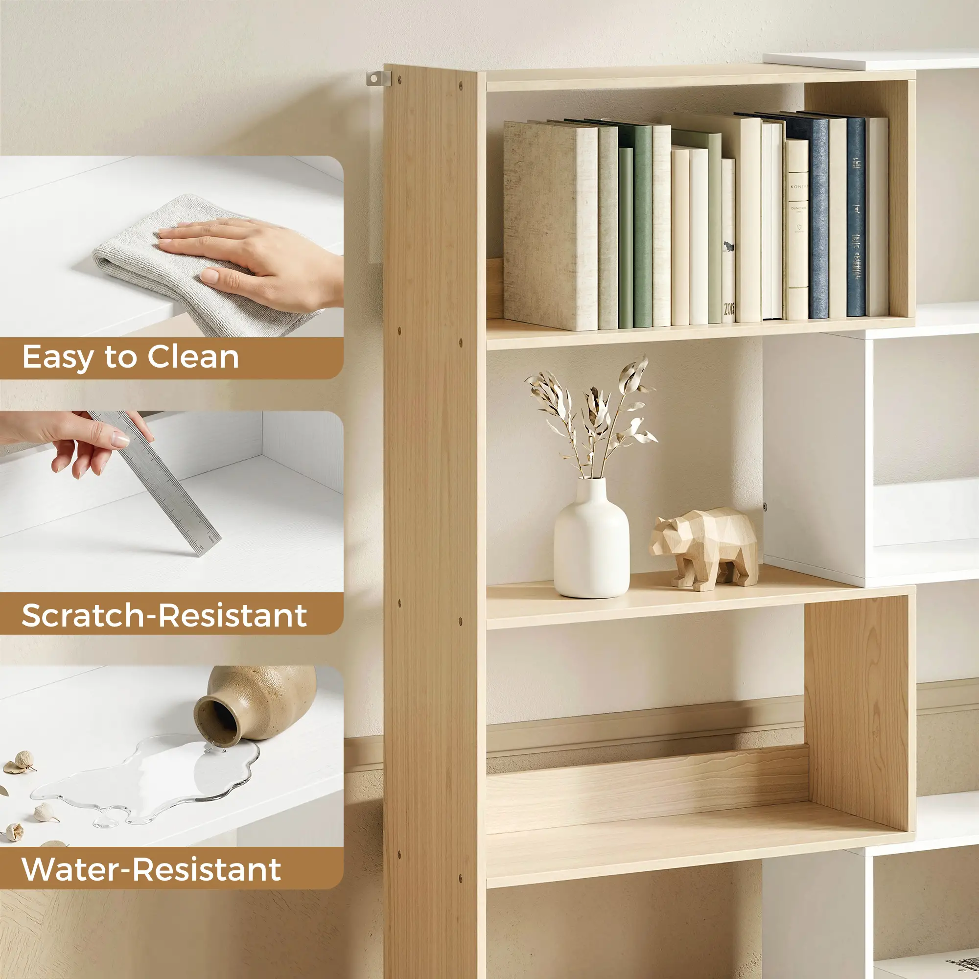 Corner Bookshelf, 5-Tier L-Shaped Bookcase with 350° Rotating Design, Two-Tone Design, Fruitwood/White - Image 9