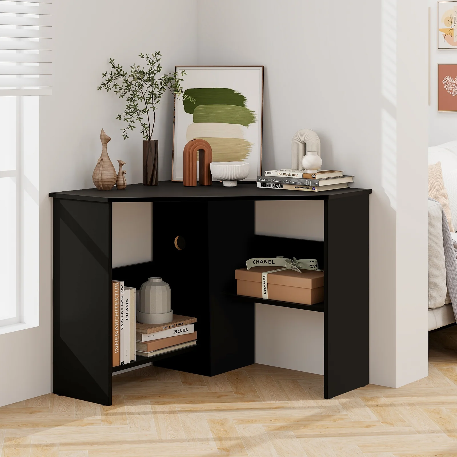 Corner Computer Desk, Triangle Writing Workstation, Storage Shelf, Black - Image 7