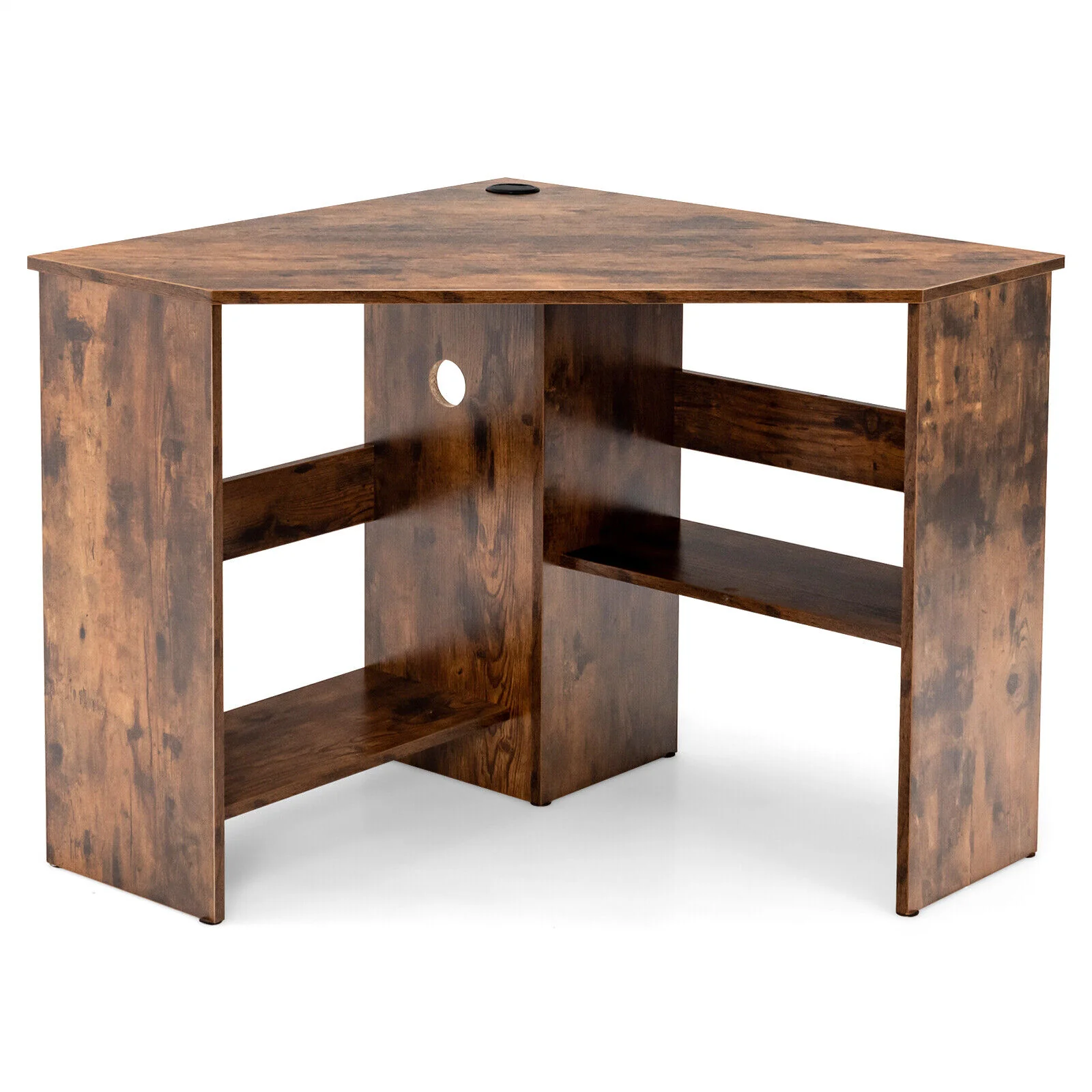 Corner Computer Desk, Triangle Writing Workstation, Storage Shelf, Brown