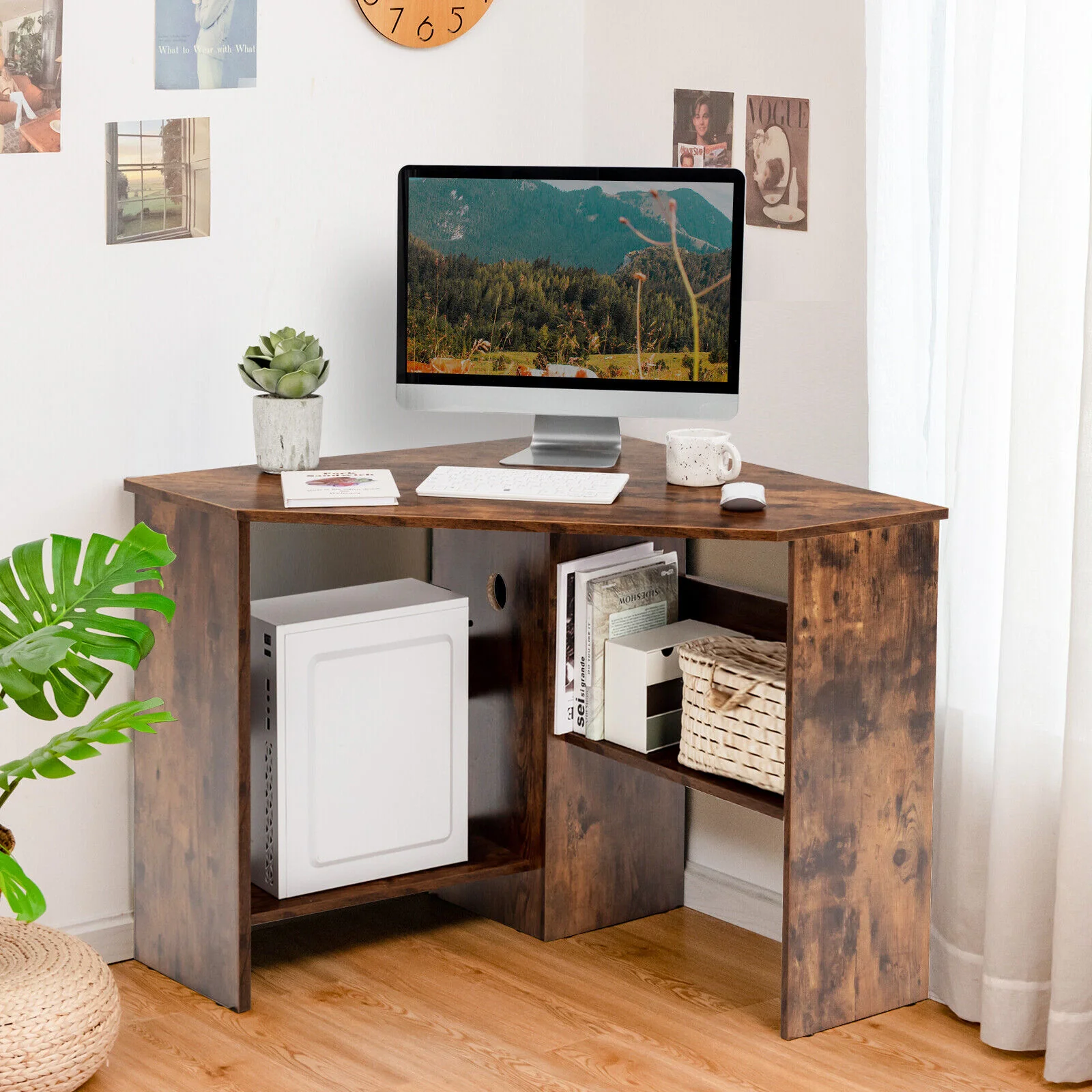 Corner Computer Desk, Triangle Writing Workstation, Storage Shelf, Brown - Image 10