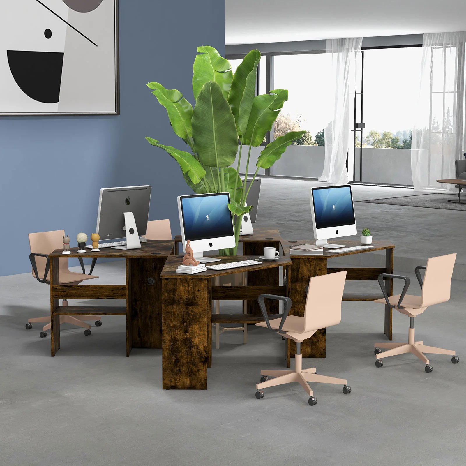Corner Computer Desk, Triangle Writing Workstation, Storage Shelf, Brown - Image 7