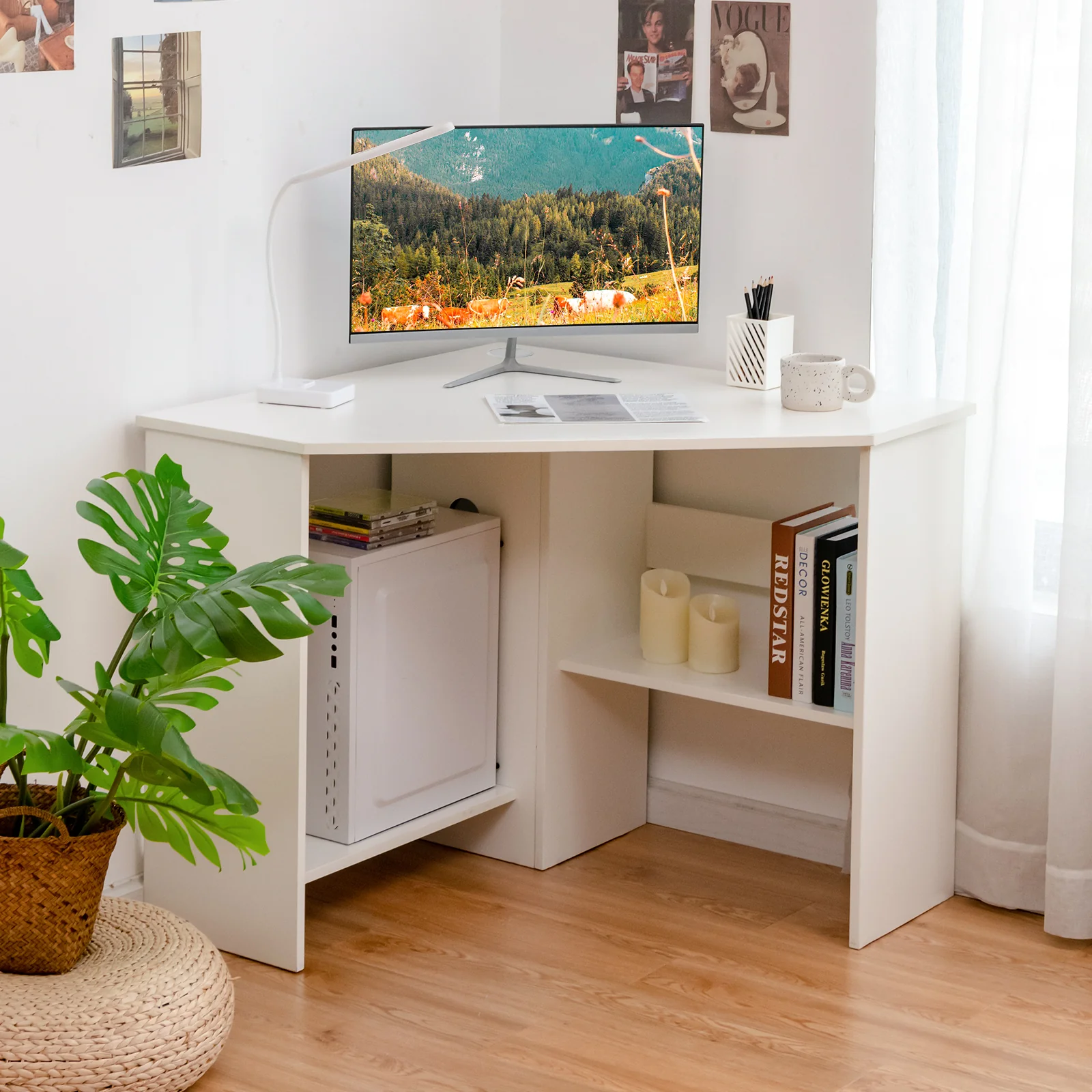 Corner Computer Desk, Triangle Writing Workstation, Storage Shelf, White - Image 3