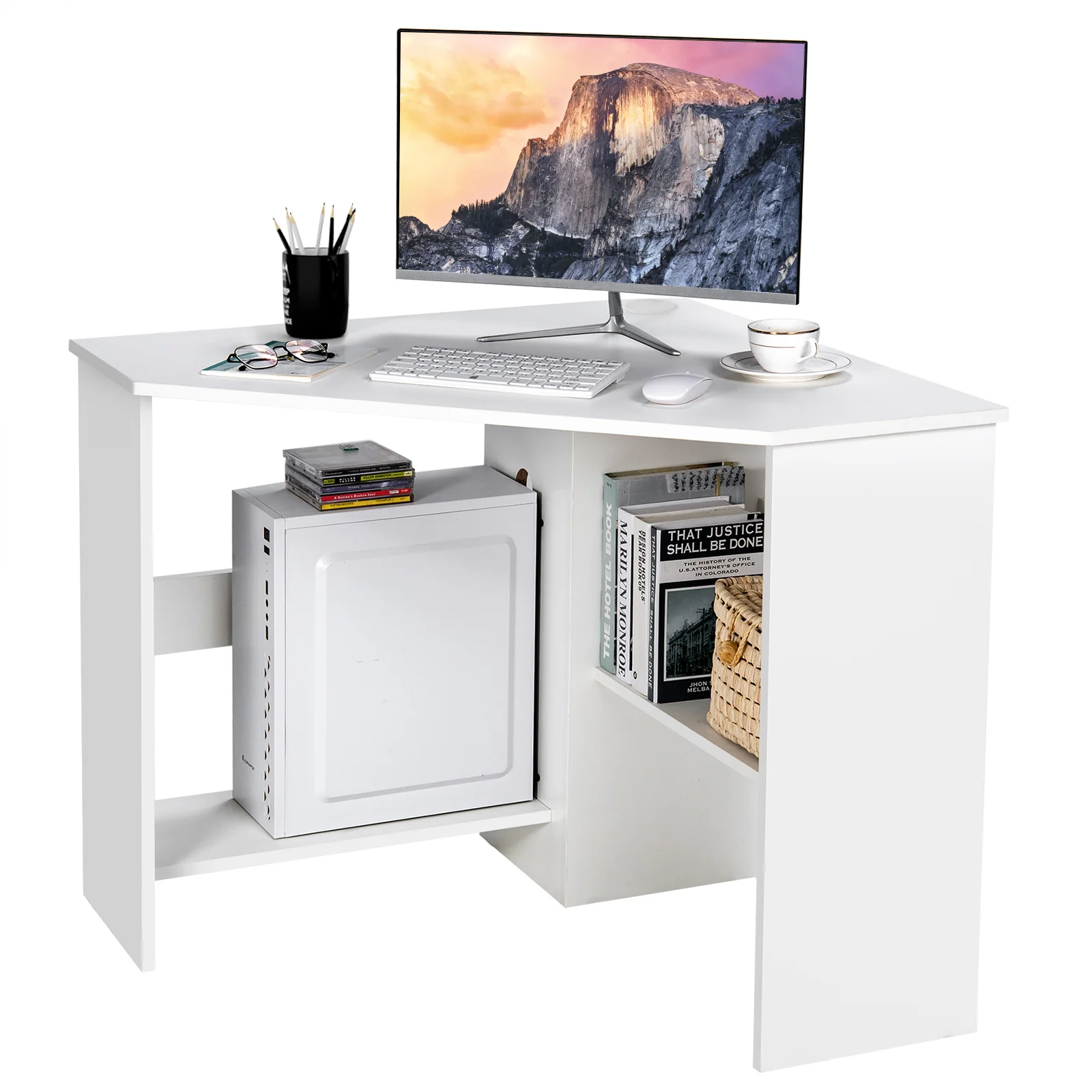Corner Computer Desk, Triangle Writing Workstation, Storage Shelf, White - Image 5