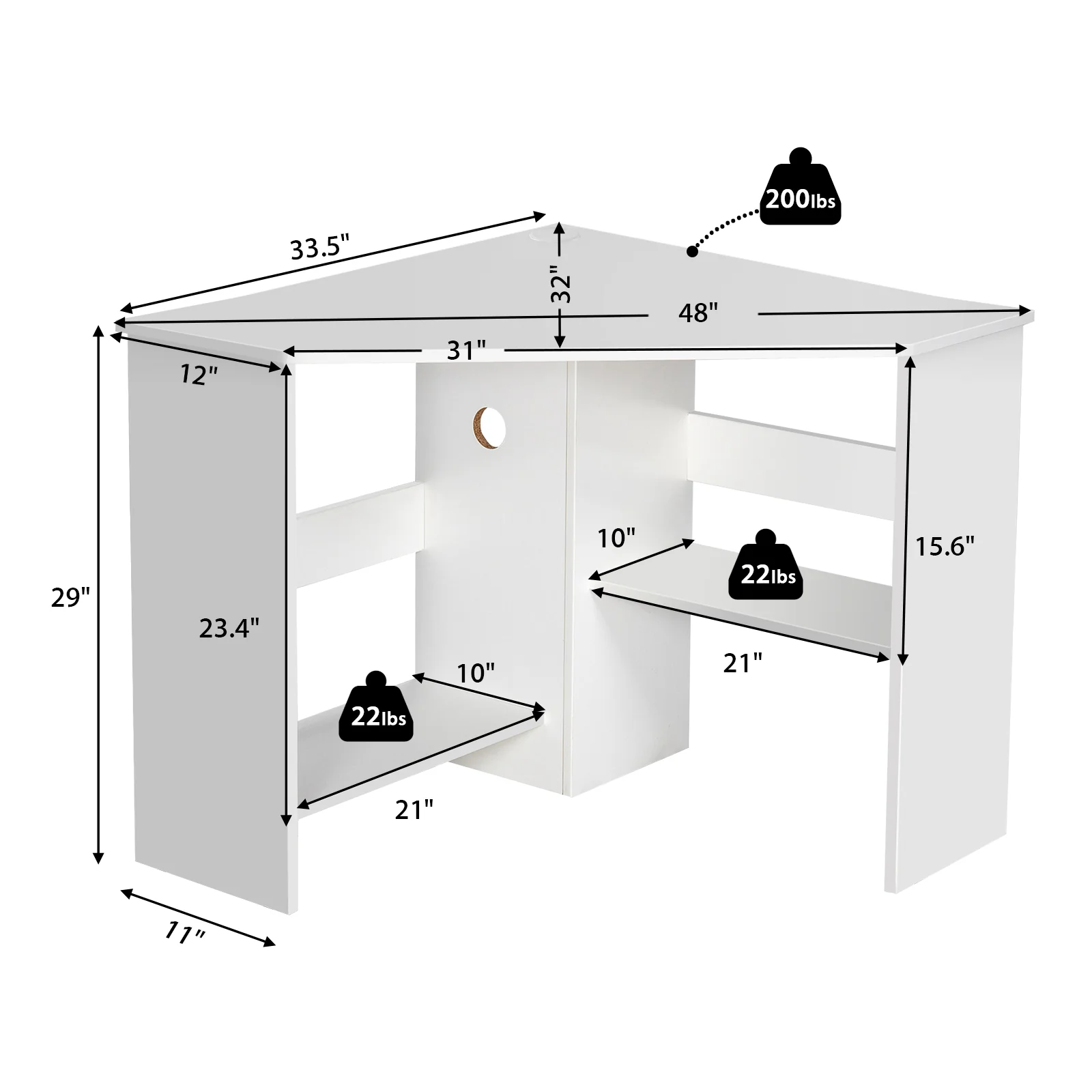 Corner Computer Desk, Triangle Writing Workstation, Storage Shelf, White - Image 6
