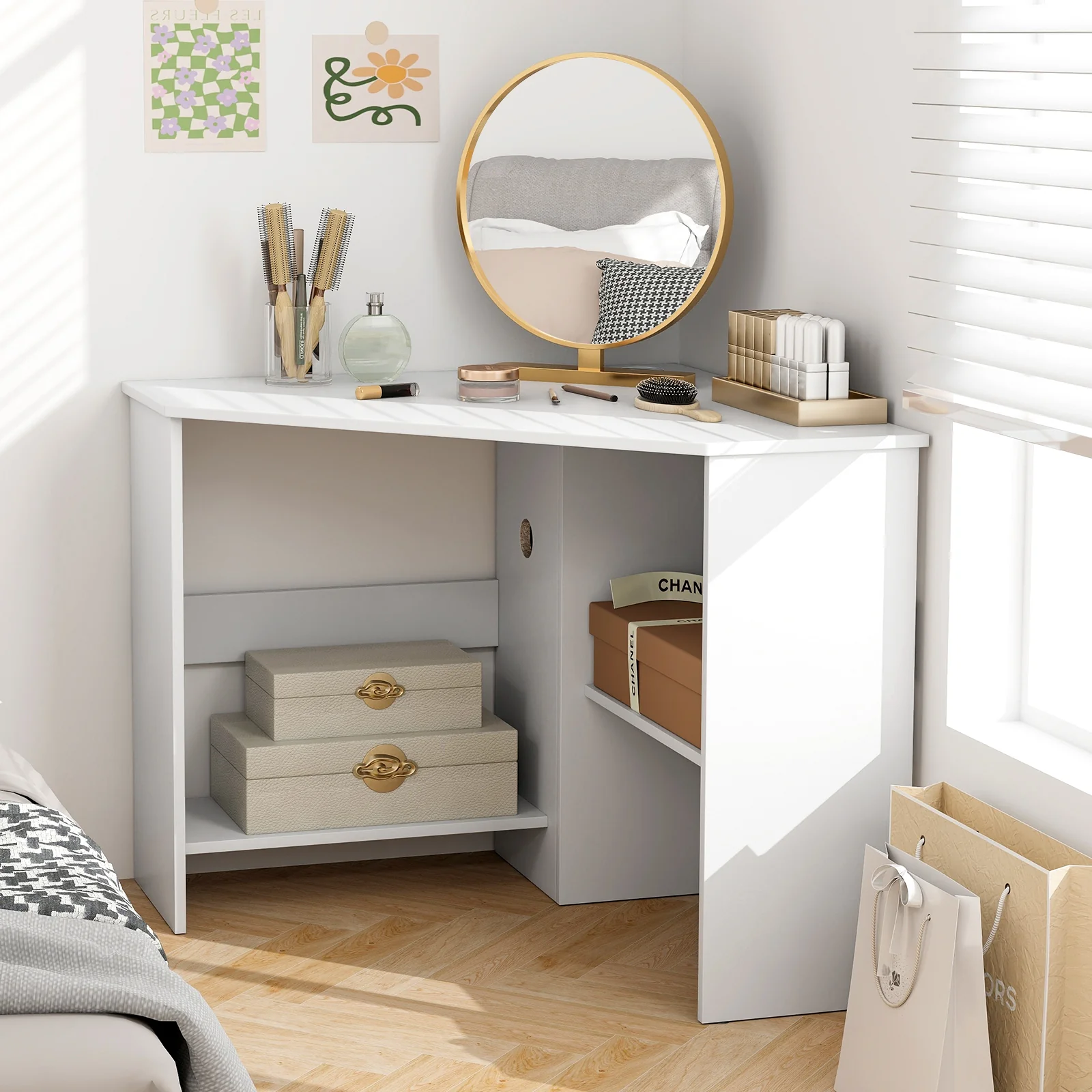 Corner Computer Desk, Triangle Writing Workstation, Storage Shelf, White - Image 7
