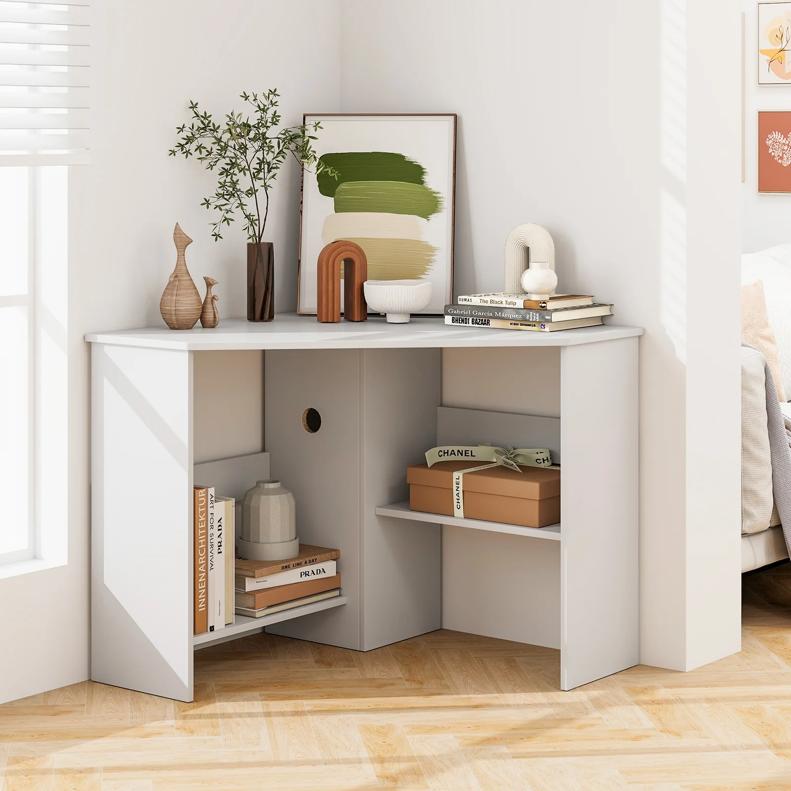Corner Computer Desk, Triangle Writing Workstation, Storage Shelf, White - Image 8