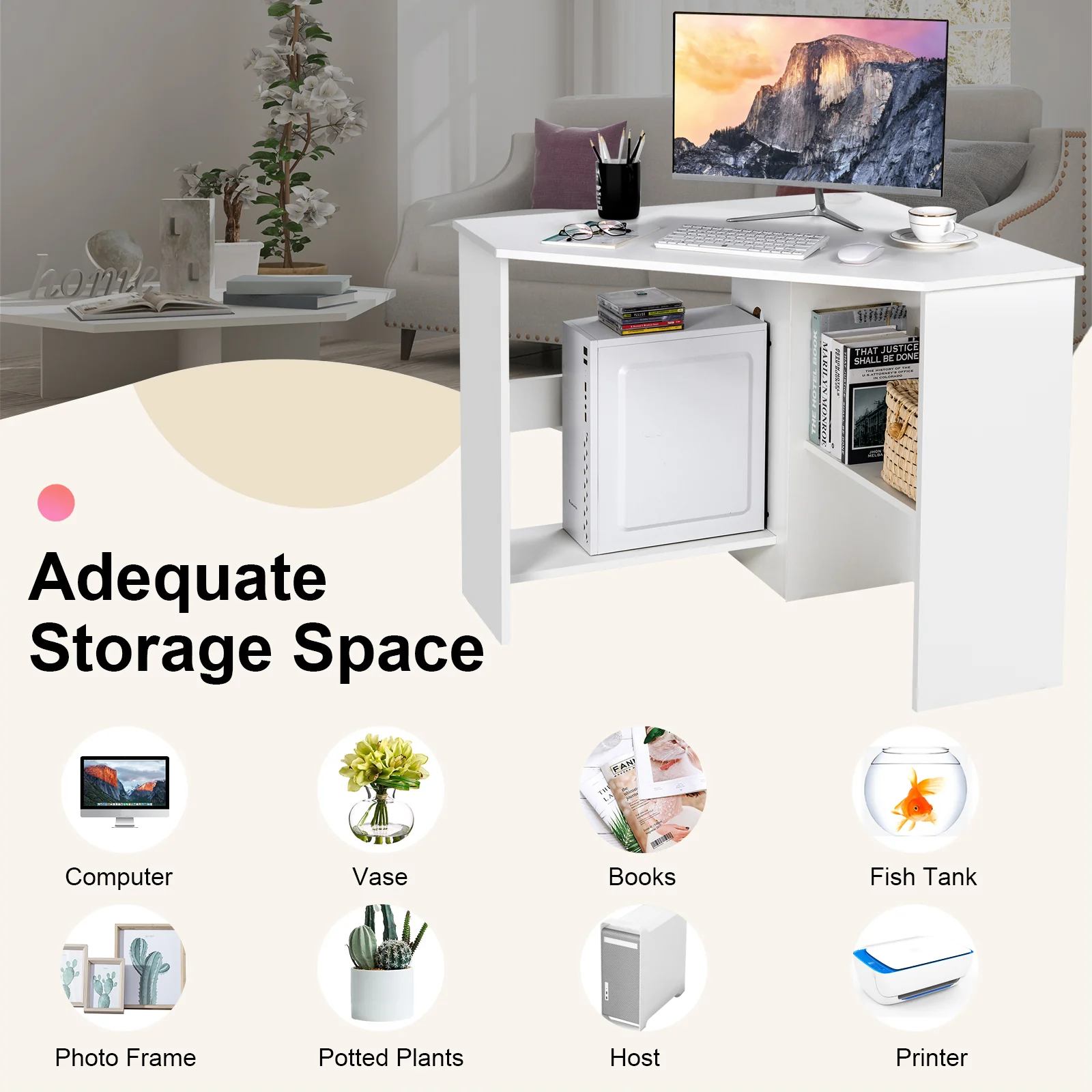Corner Computer Desk, Triangle Writing Workstation, Storage Shelf, White - Image 9
